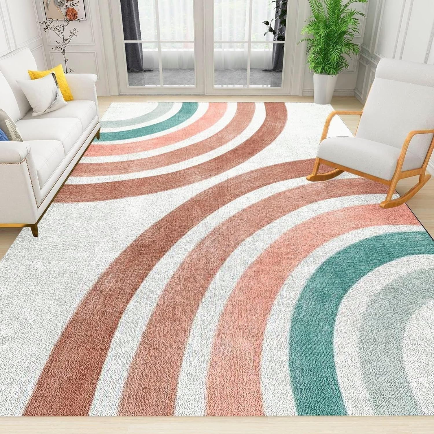 Tapete moderno de estilo de mediados de siglo para niños, diseño geométrico de arco iris bohemio con impresión 3D, parte trasera antideslizante de