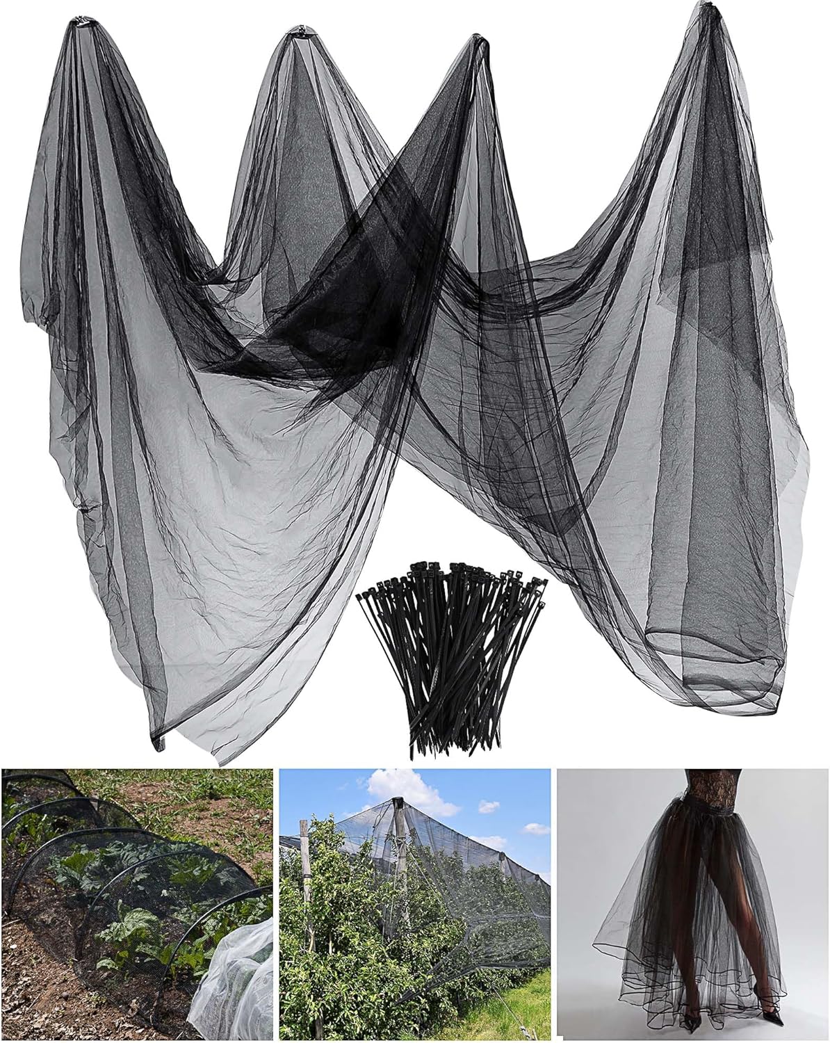 Zonon Red de malla para insectos para jardín, barrera de red para pájaros y moscas, protección de plantas ciegas (negro, 9.84 x 65.62 pies)