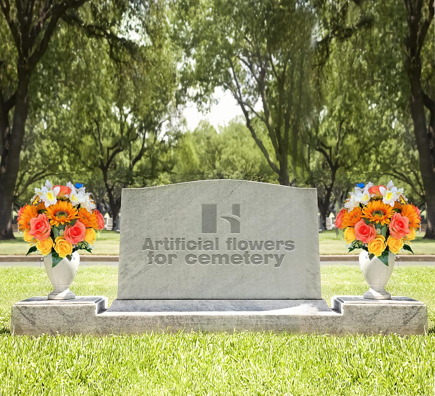 Flores de cementerio de seda para tumba con mariposa y jarrón, no se corren, rosa artificial y girasol y orquídea Cattleya, arreglo junto a la