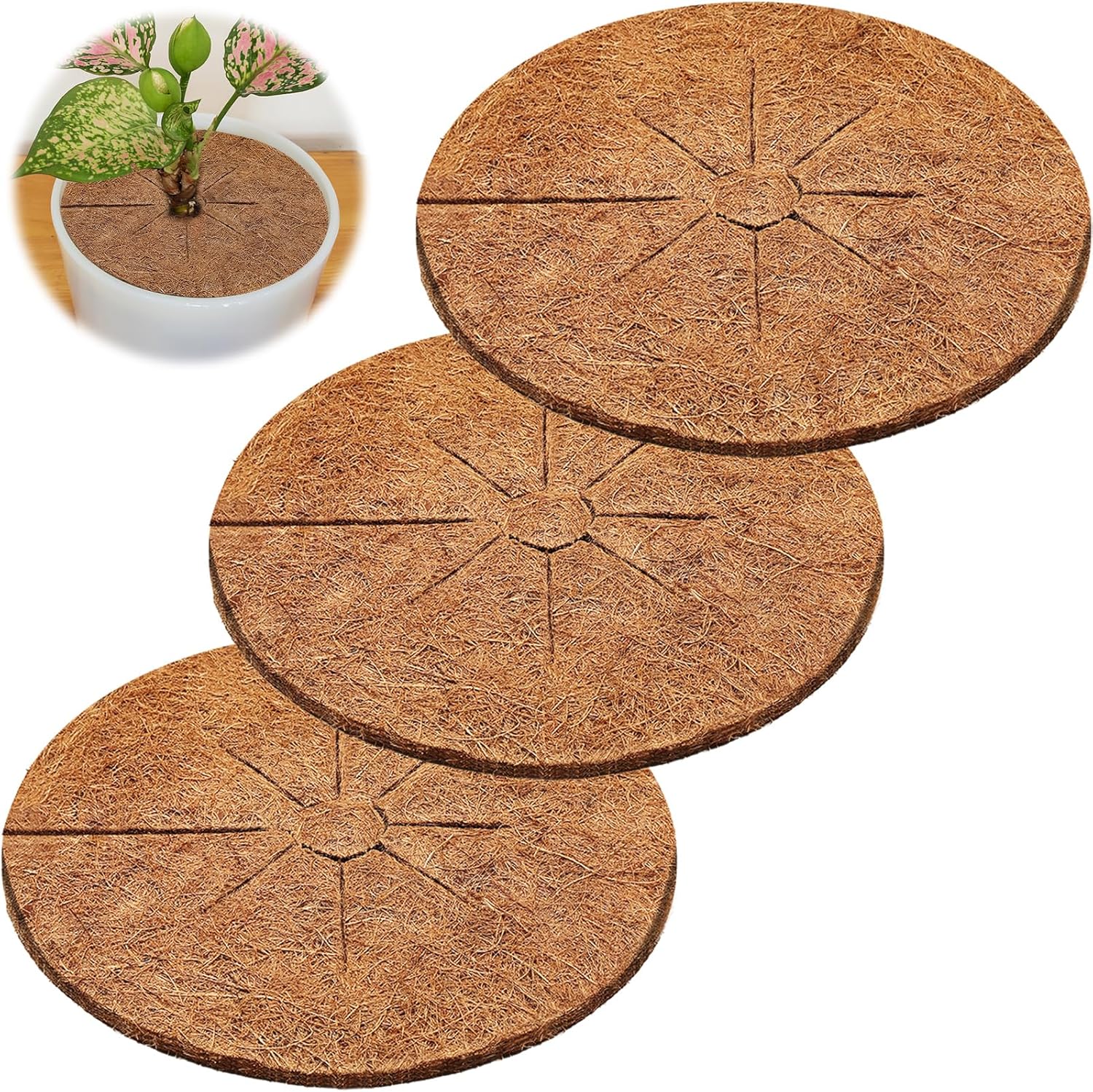 3 tapetes protectores de árboles de fibra de coco, cubierta de suelo para plantas de interior y exterior, cobertura de fibra de coco de 12 pulgadas