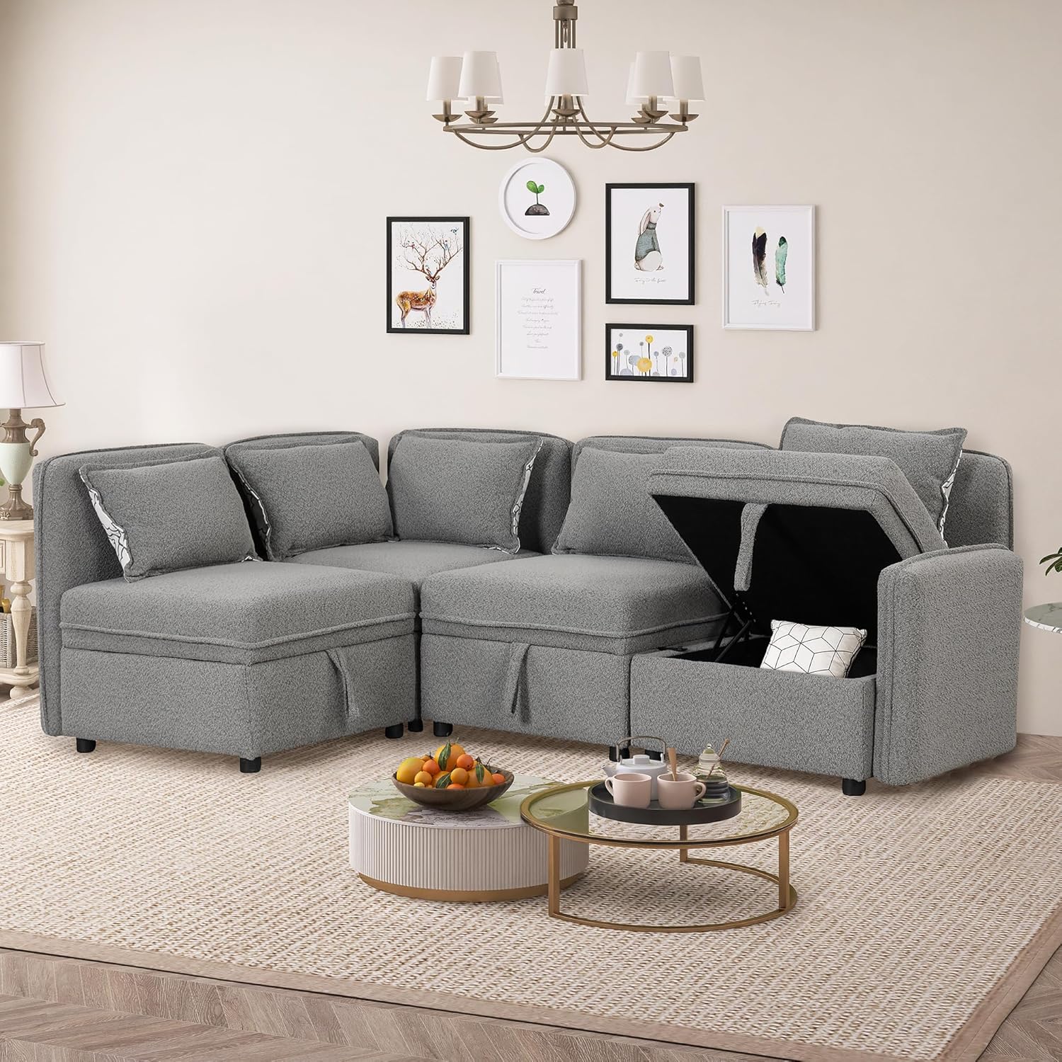 Sofá modular convertible de 122.8 pulgadas, combinación minimalista y gratuita de 4 plazas en forma de L, sofá modular de tela de felpilla con 5