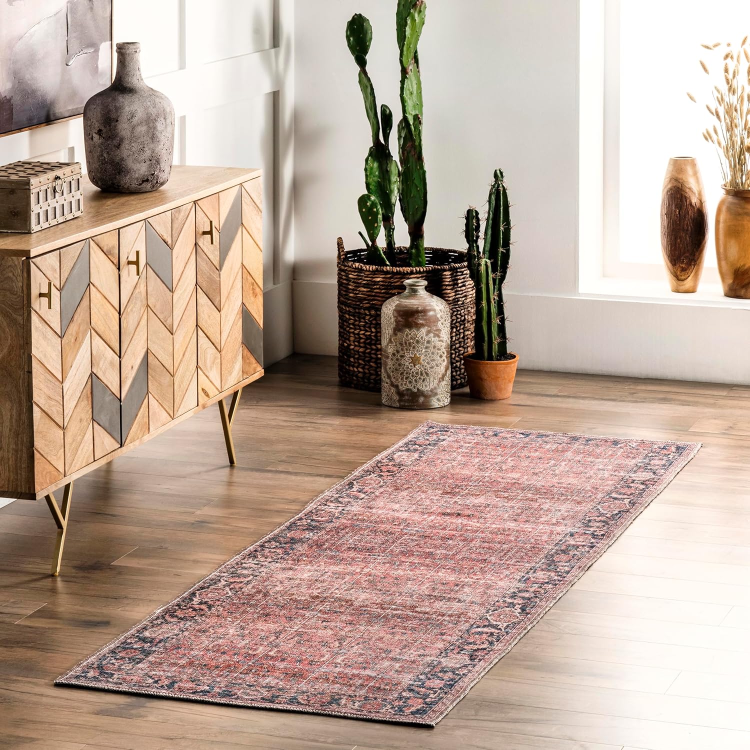 nuLOOM Katie Alfombra de pasillo con borde envejecido, lavable a máquina, 2 pies 8 pulgadas x 8 pies, color óxido