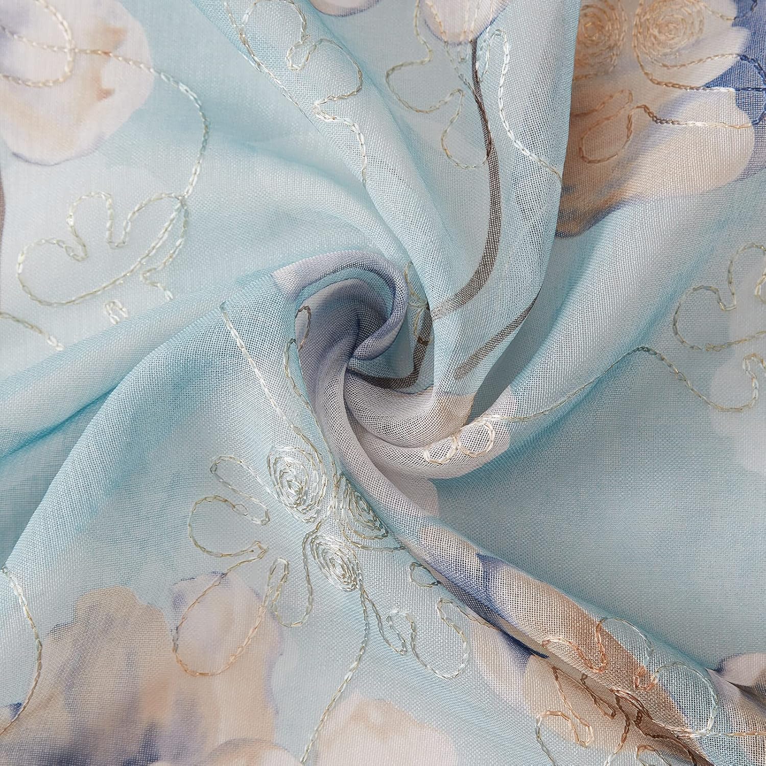 Melodieux Cortina transparente con estampado de hilo dorado con bordado de flores verde azulado para sala de estar, dormitorio, granja con bolsillo