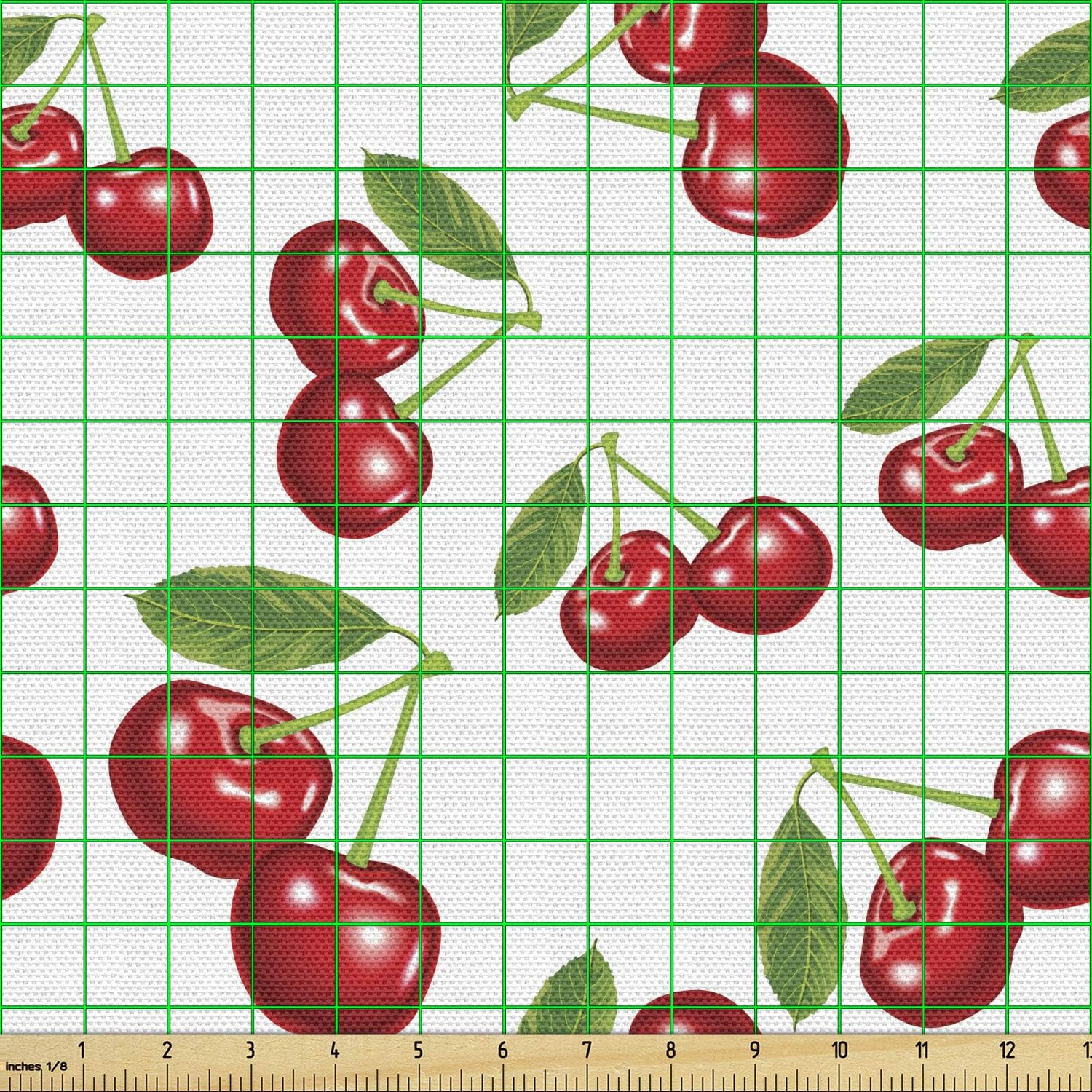 Ambesonne The Yard, tela de frutas de diseño de cerezas, frutas frescas de verano, verde jardín, macro impresión digital, tela decorativa para