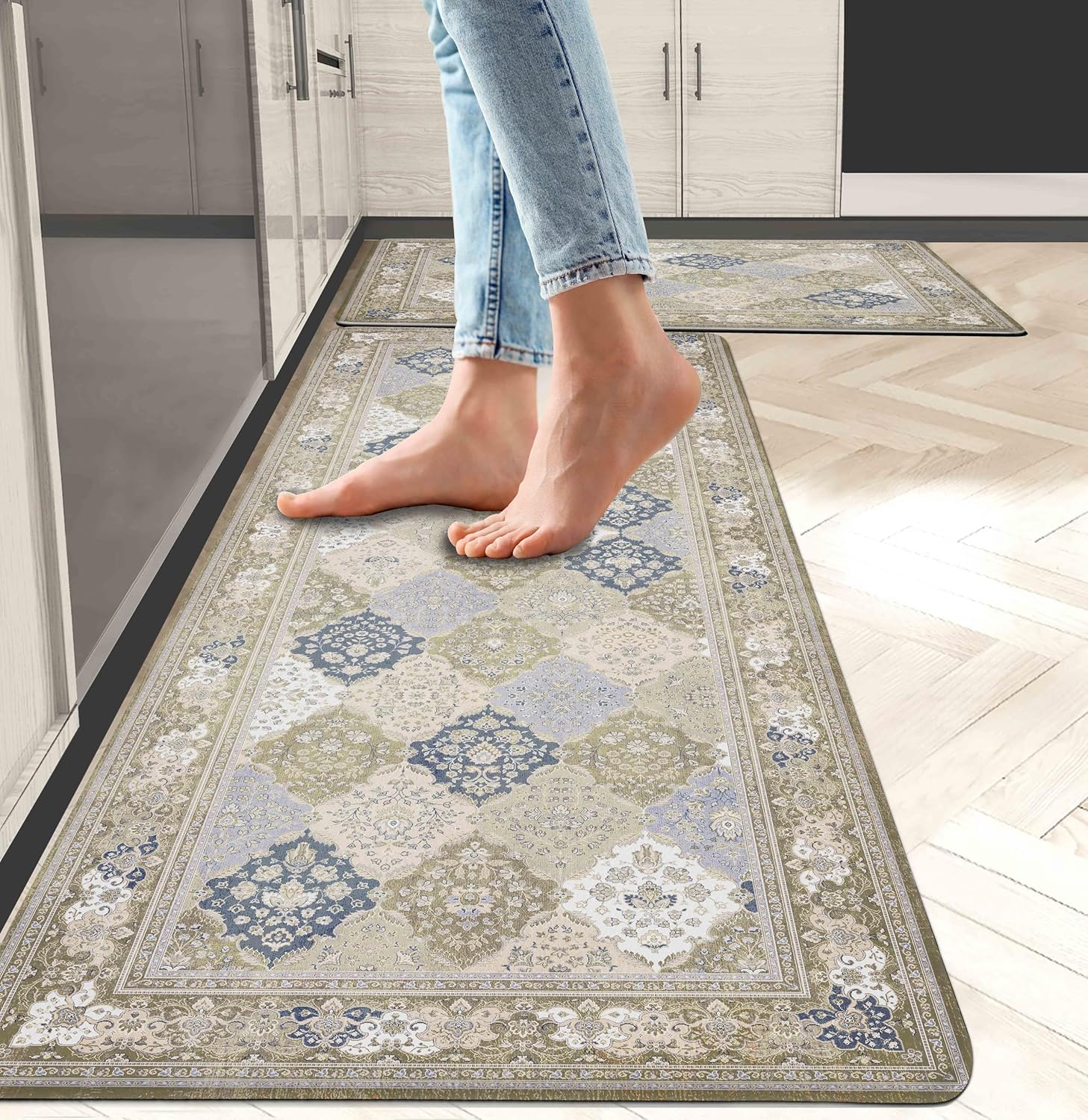 keensoft Juego de 2 alfombras de cocina estilo bohemio, antifatiga de 0.4 pulgadas de grosor, estilo granja, vintage, bohemio, para cocina,