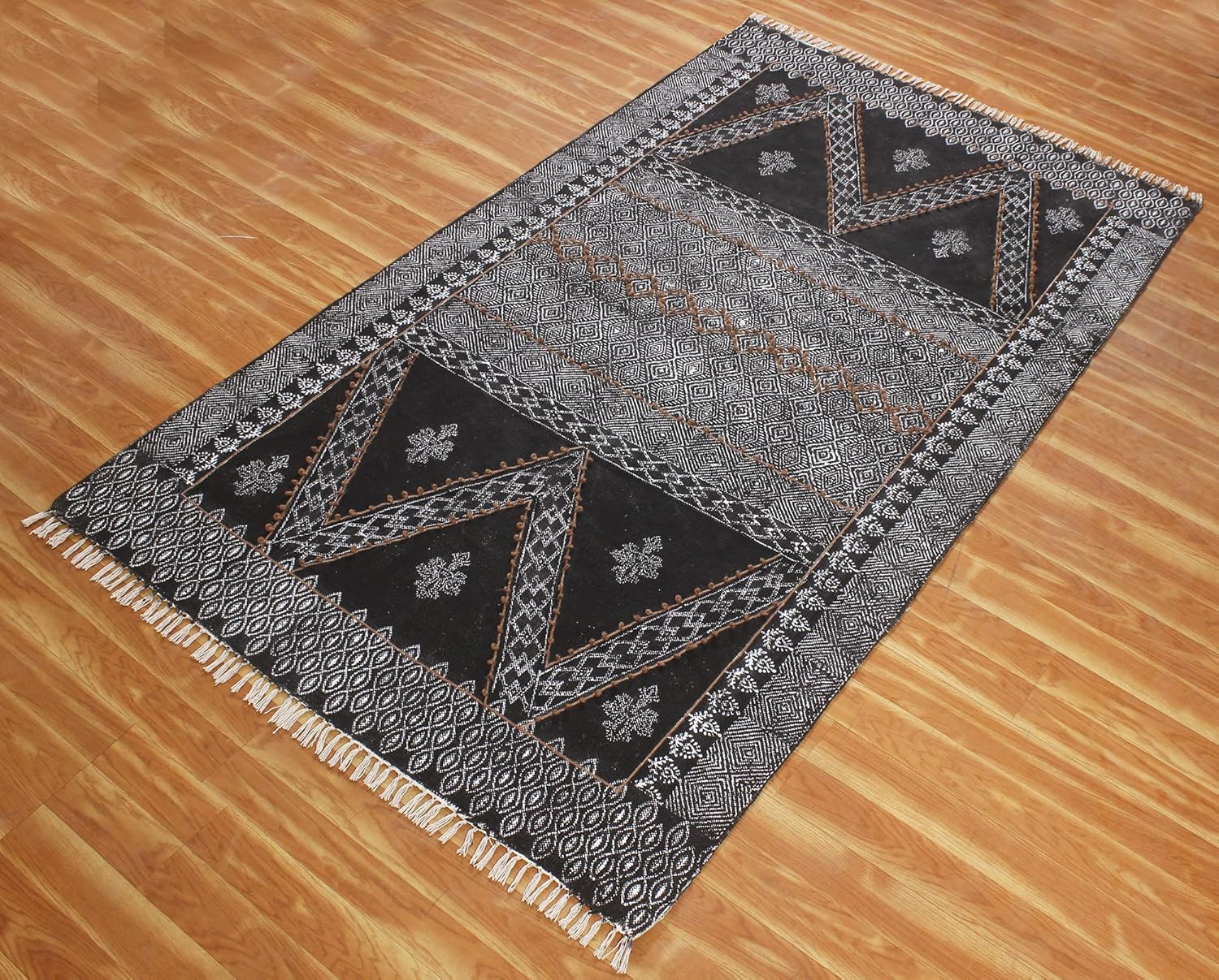 CASAVANI Collection – Alfombra cuadrada de 9 x 9 pies, alfombra geométrica Kilim Dhurrie de algodón negro, alfombra de uso para interiores y