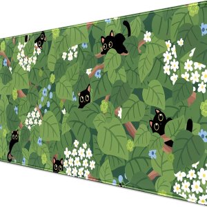 Tapete de escritorio con diseño de hojas verdes, diseño de gato negro, diseño de gato negro, extendido, grande, para videojuegos, XXL, para Tapete de escritorio con diseño de hojas verdes, diseño de gato negro, diseño de gato negro, extendido, grande, para videojuegos, XXL, para