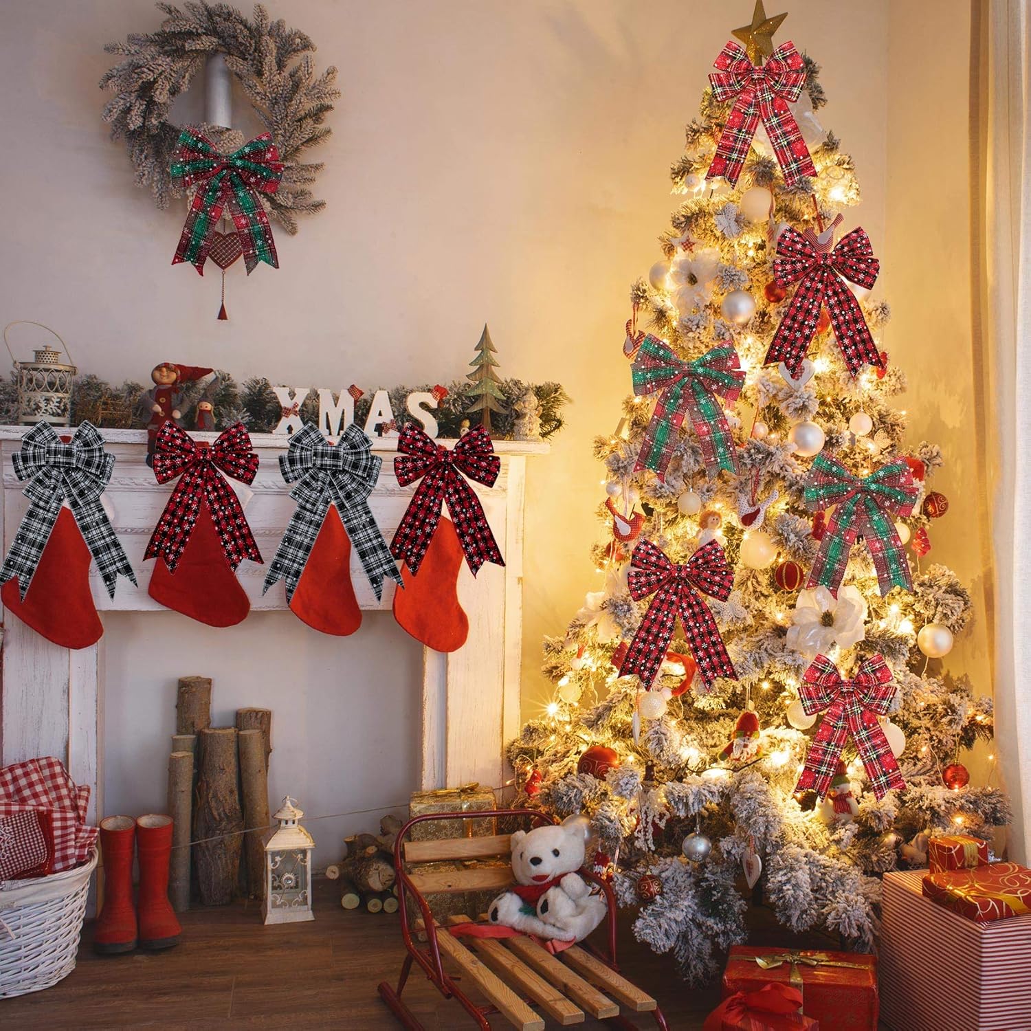 4 rollos de cinta de Navidad a cuadros de búfalo de Navidad, cinta de copo de nieve, cinta de Navidad con alambre para decoración de envoltura de