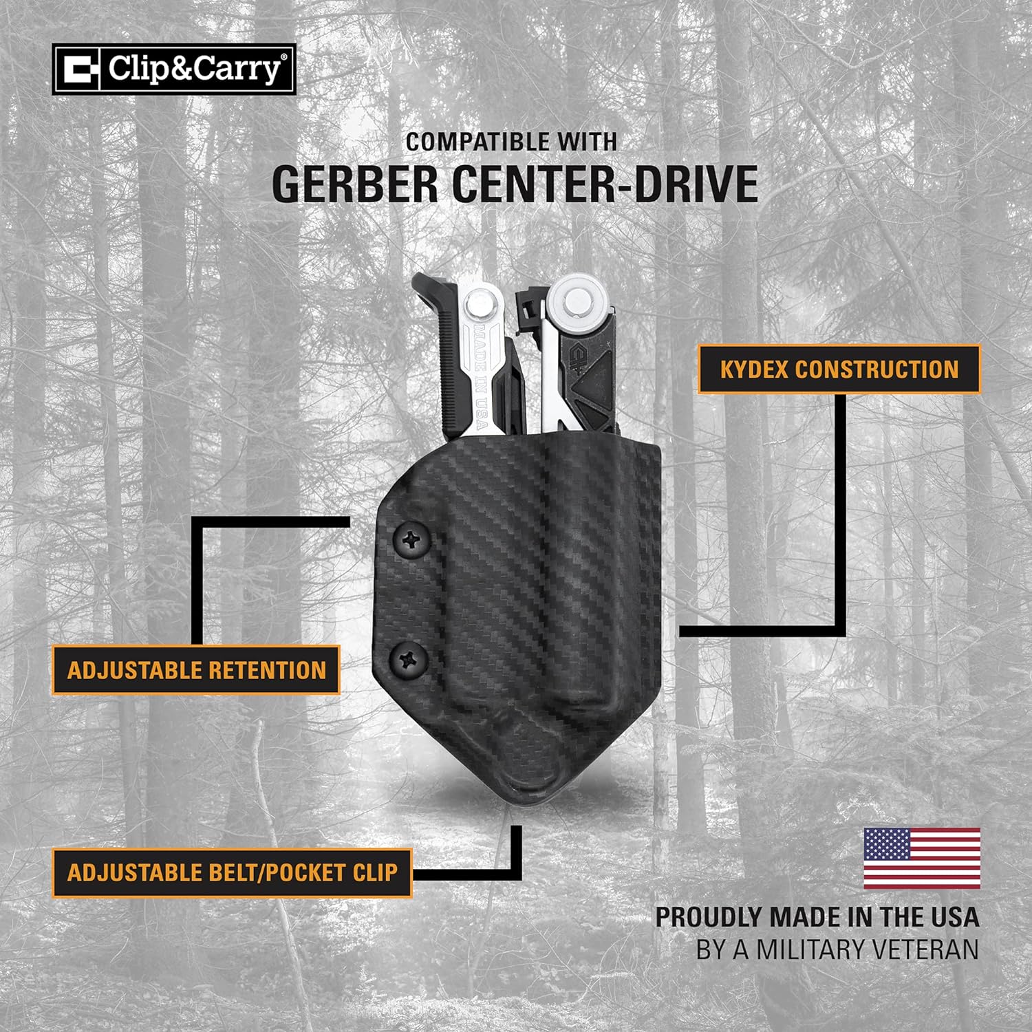 Clip & Carry Kydex Funda multiherramienta para Gerber Center-Drive con soporte de sidecar opcional  Fabricado en Estados Unidos (multiherramienta y