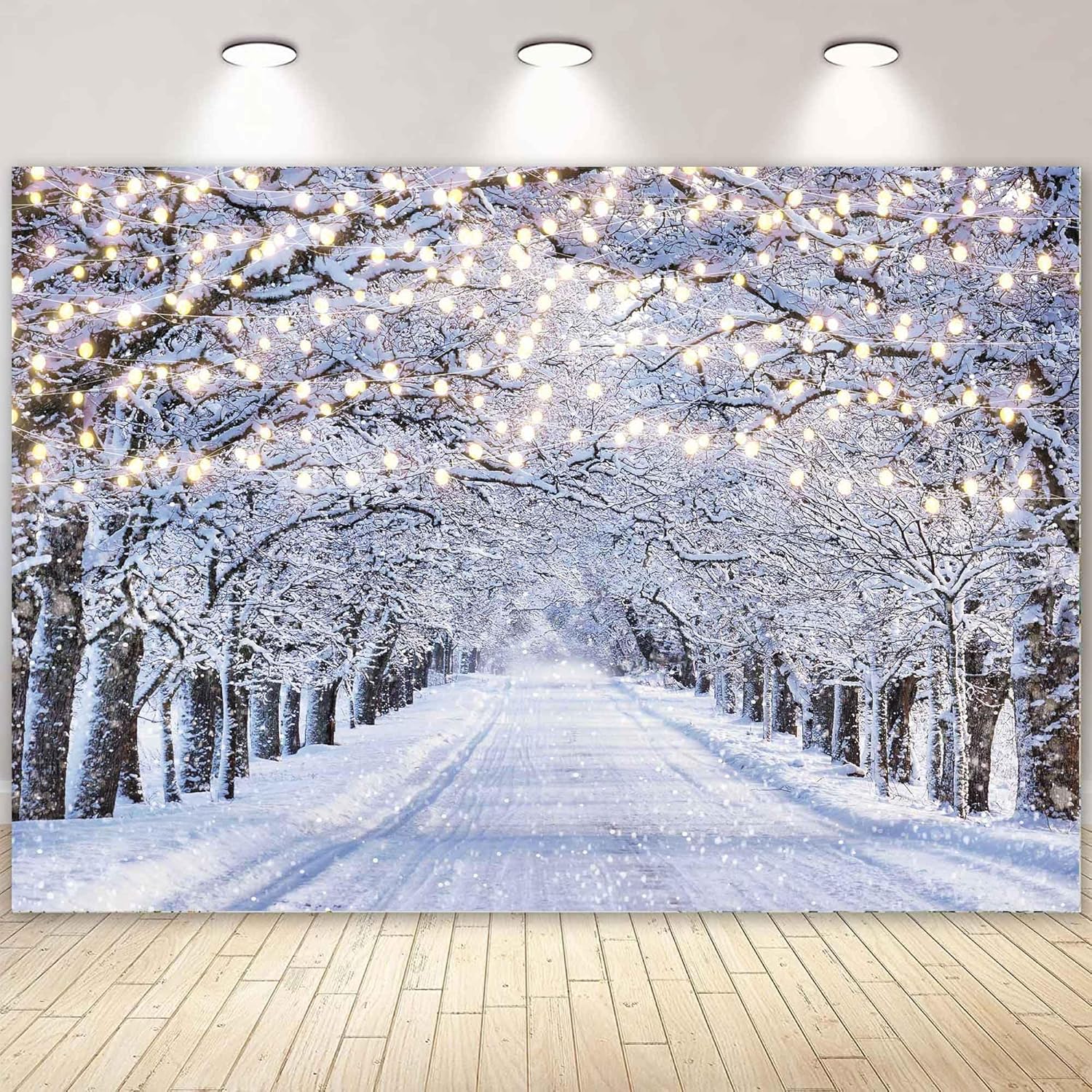 Telón de fondo fotográfico de escena de invierno de 7 x 5 pies, diseño de copo de nieve con purpurina, nieve, paisaje, decoración de árbol de