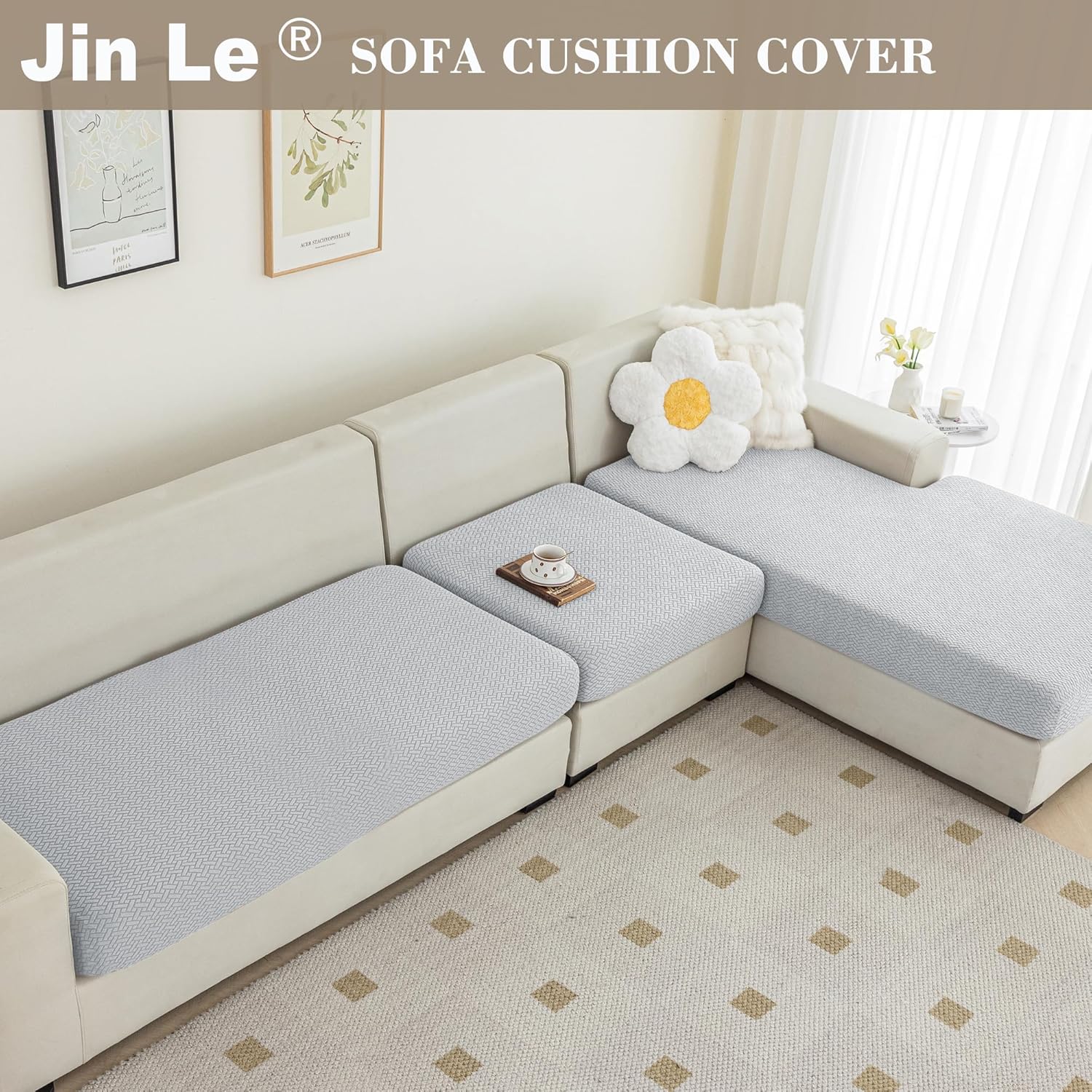 Jin Le Fundas de cojín elásticas individuales para sofá, fundas de cojín de asiento de sofá, fundas de sofá de tela jacquard con textura suave con