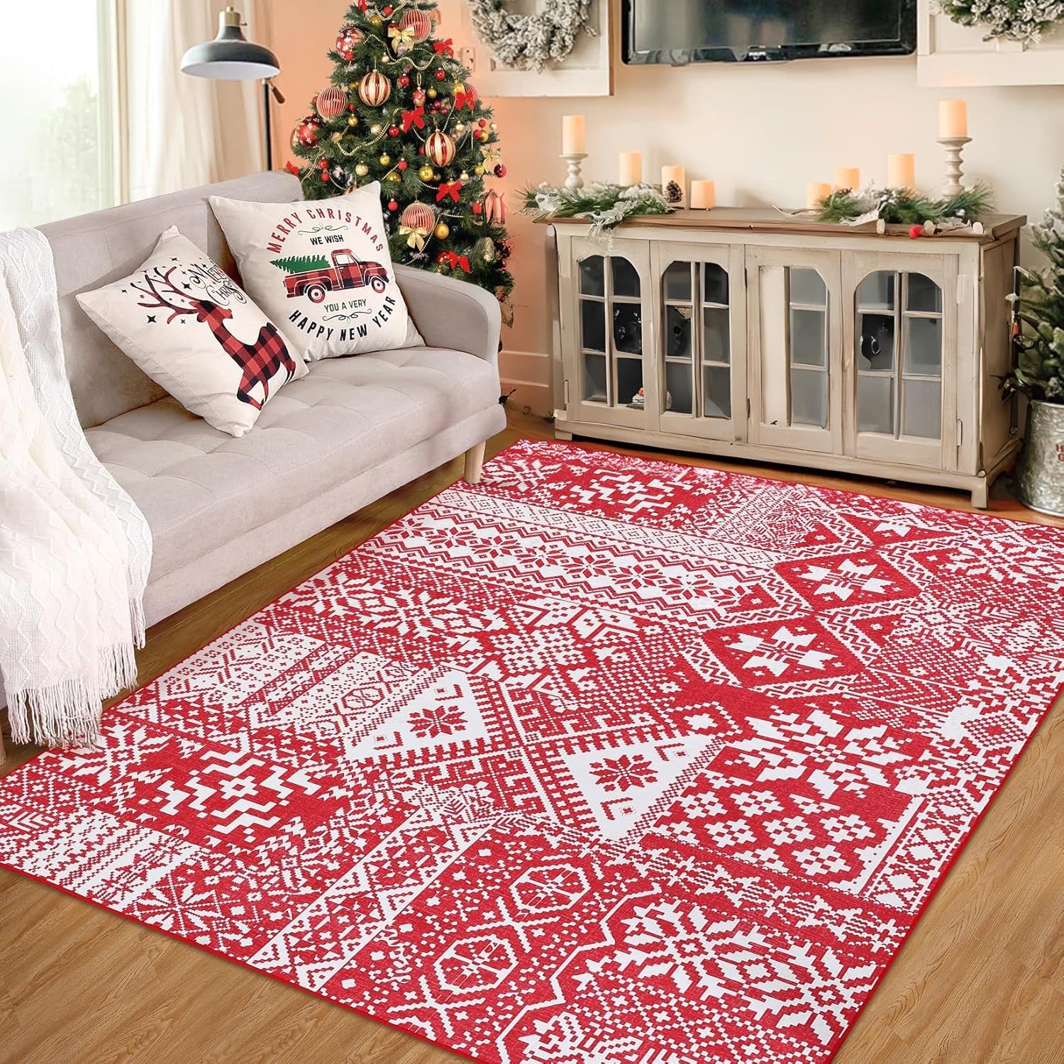 GAOMON Alfombras para sala de estar, decoración de habitación de Navidad, alfombra roja, alfombra lavable, alfombra antideslizante, alfombra bohemia