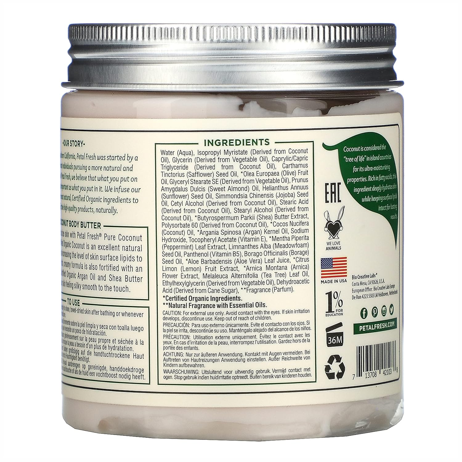 Petal Fresh Manteca corporal de coco pura suavizante, aceite de argán orgánico, manteca de karité, hidratación intensa, para todo tipo de piel,