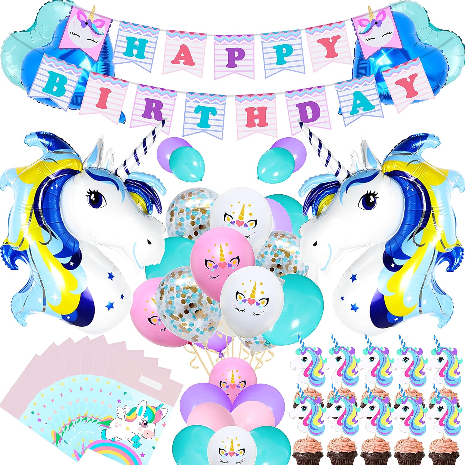 Welliboom Lindos suministros de fiesta de cumpleaños de unicornio de dibujos animados con pancarta, decoración de fiesta para niños, decoración de