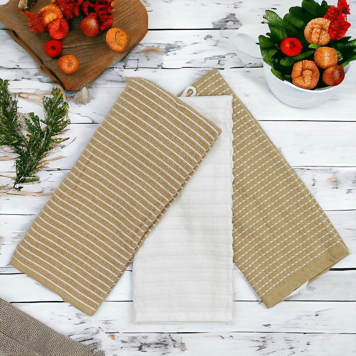 Toallas de cocina blancas de gran tamaño 100% algodón, suave, absorbente, surtido de rizo acanalado, juego de 4 multiusos para uso diario (beige