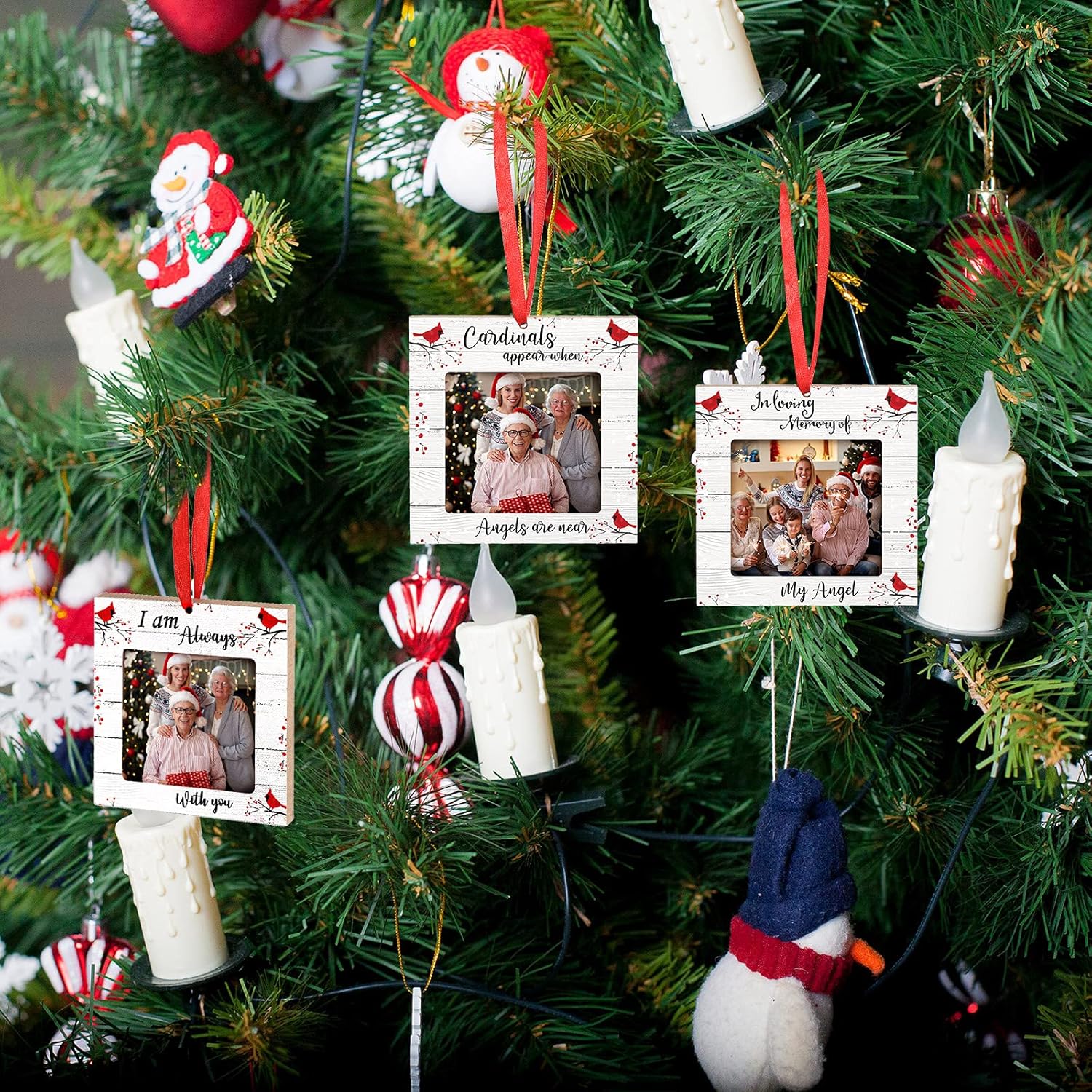 Adornos de Navidad de cardenal rojo, marco de fotos de madera, adornos conmemorativos para árbol de Navidad, adornos para árbol de Navidad cuando el