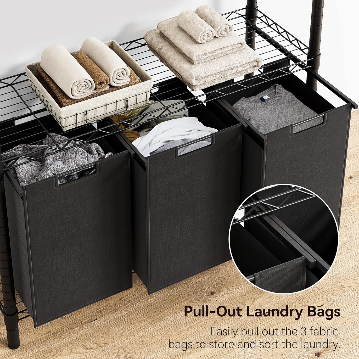 GAOMON Cesta de lavandería, organizador multifuncional para lavandería, clasificador de lavandería con bolsas extraíbles y asas reforzadas, estante