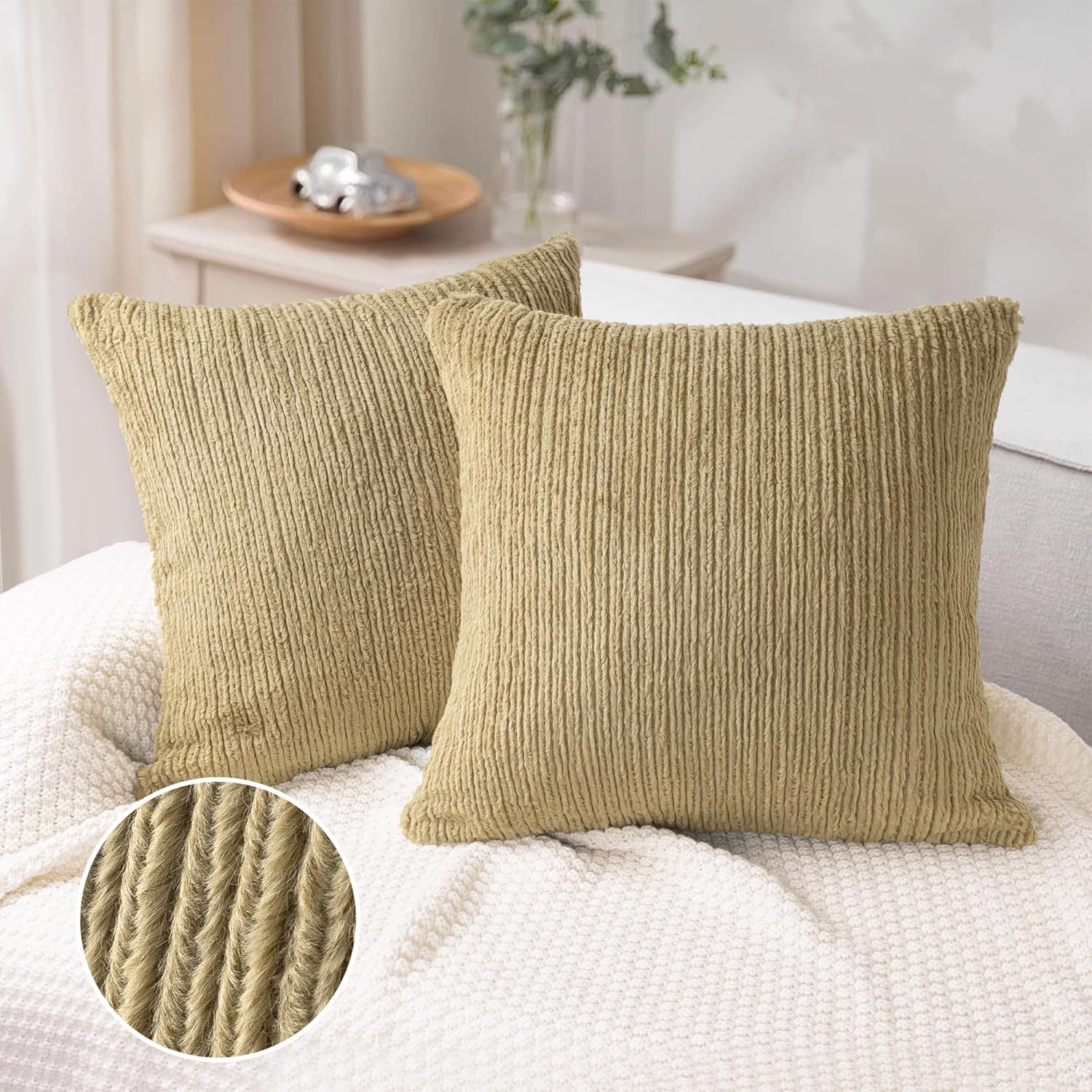 AELS Juego de 2 fundas de almohada decorativas de piel sintética a rayas de 18 x 18 pulgadas, fundas de almohada de felpa con textura de acento para