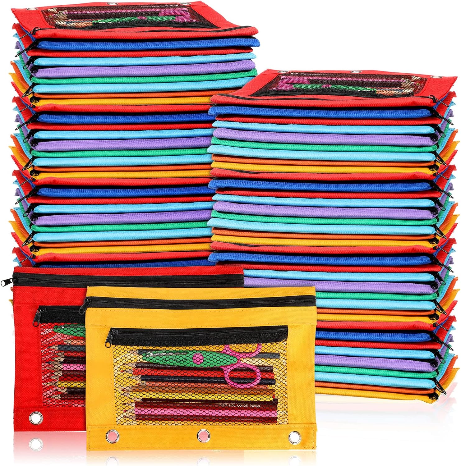 150 carpetas con cremallera, bolsas para lápices, 3 anillas, bolsas con cremallera con malla para ventana, bolsas para lápices, estuche o