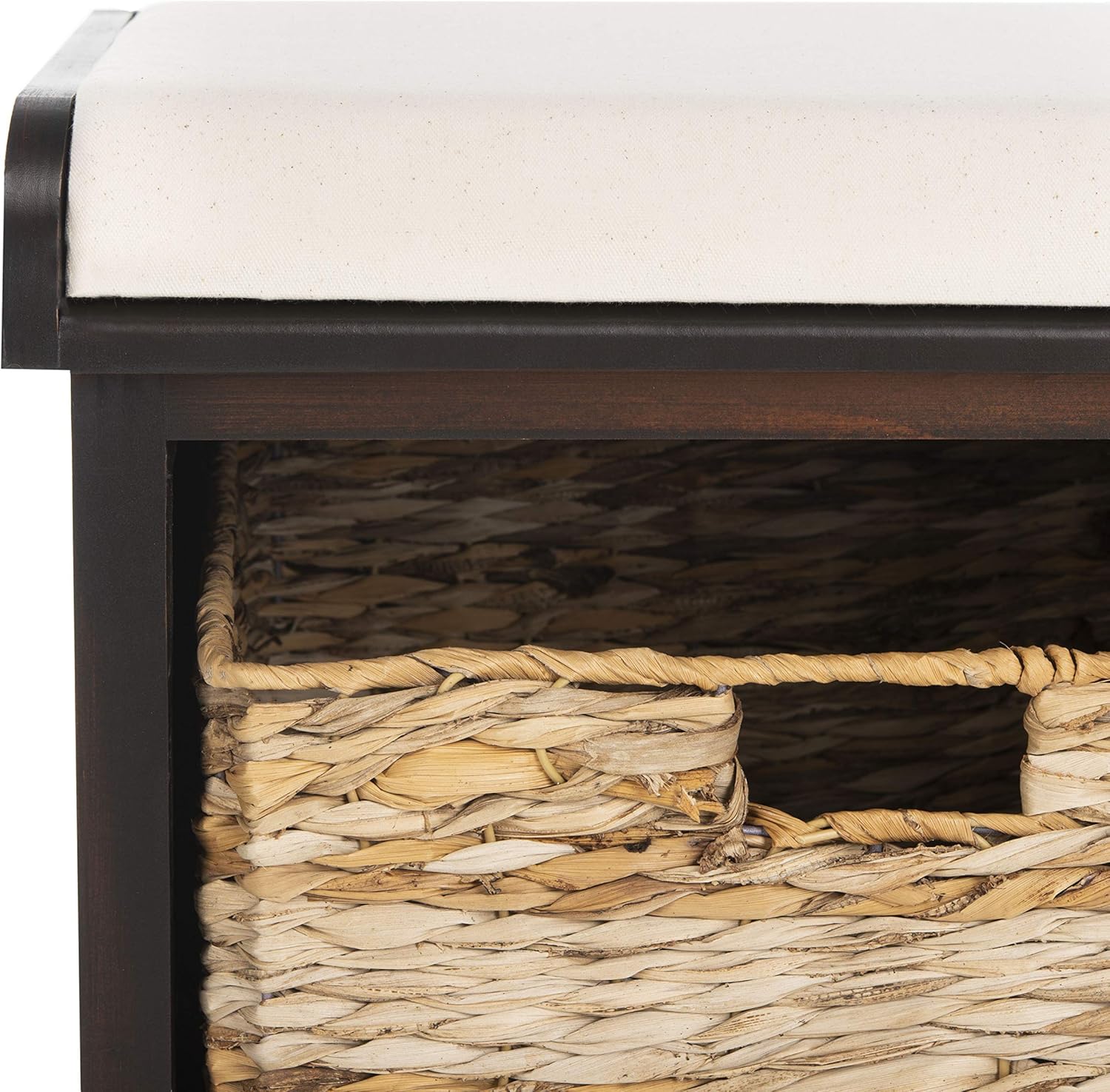 SAFAVIEH Home Collection Freddy – Banco de almacenamiento de mimbre con 2 cajones y cojín (totalmente montado)