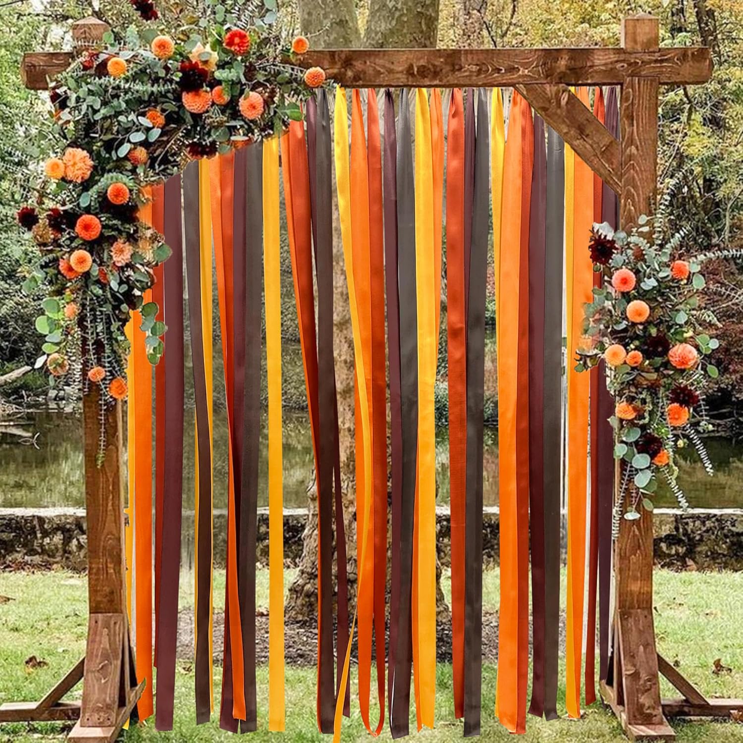 Decoraciones de fiesta de otoño, color marrón degradado, naranja, amarillo, cinta de satén con fondo de 197 pies x 1.97 pulgadas de ancho, guirnalda