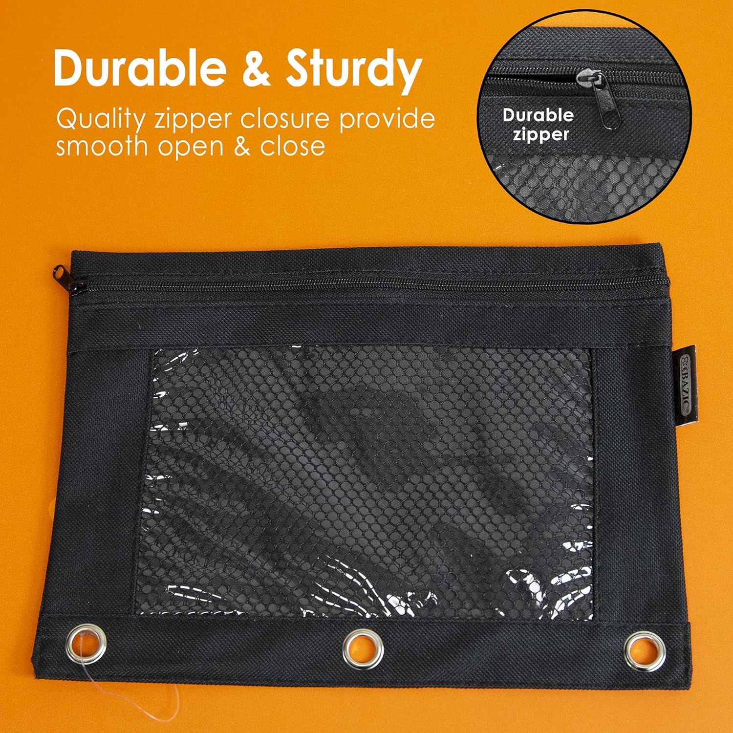 BAZIC – Estuche para lápices de 3 anillos con agujero de anillos reforzados, bolsas de malla negra con cremallera para ventana, 4 unidades
