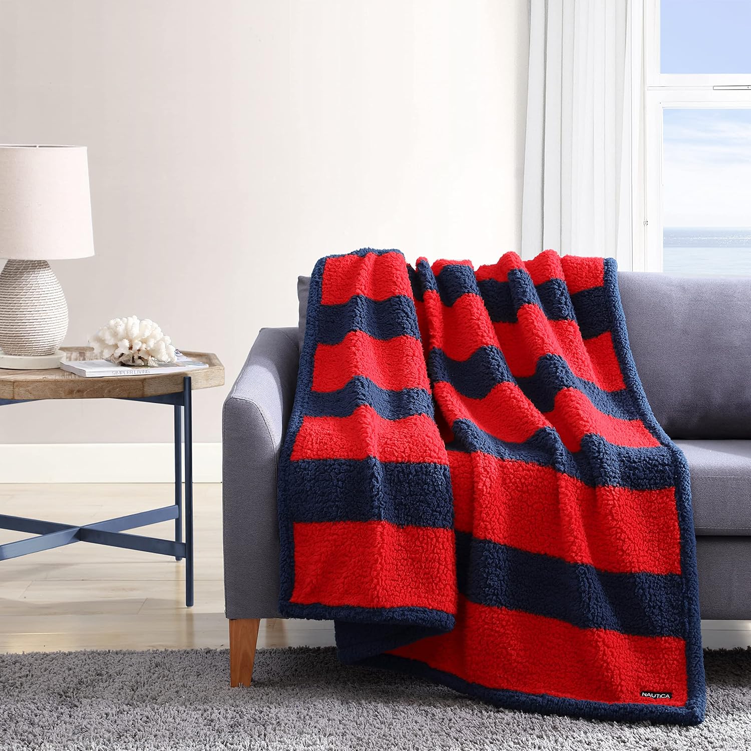 Nautica – Manta de felpa, ropa de cama sherpa ultrasuave, decoración cálida y acogedora para el hogar para cama o sofá (azul Lawndalerojo, 50 x 60
