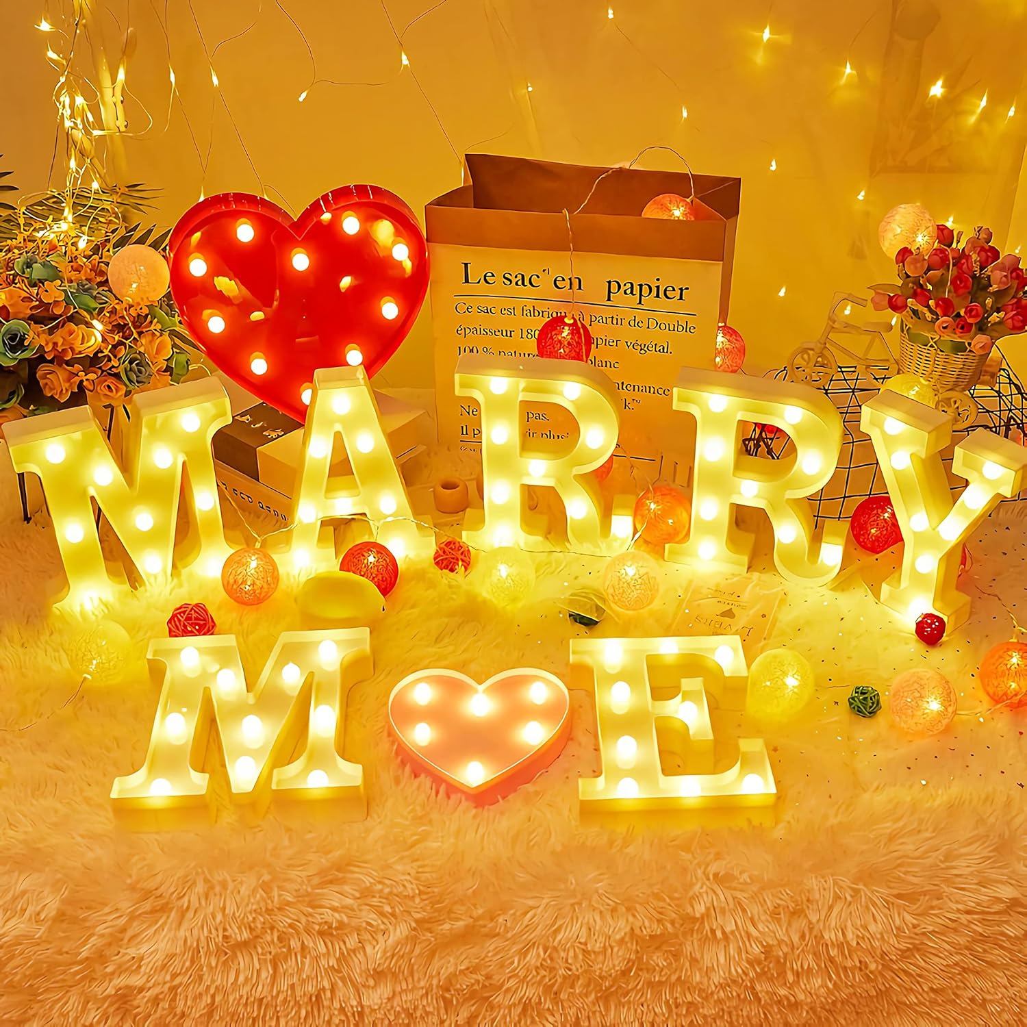 Letras iluminadas de marquesina  Letrero de luz LED para decoración de propuesta, compromiso, boda, cumpleaños, hogar, mesa, decoración de corazón