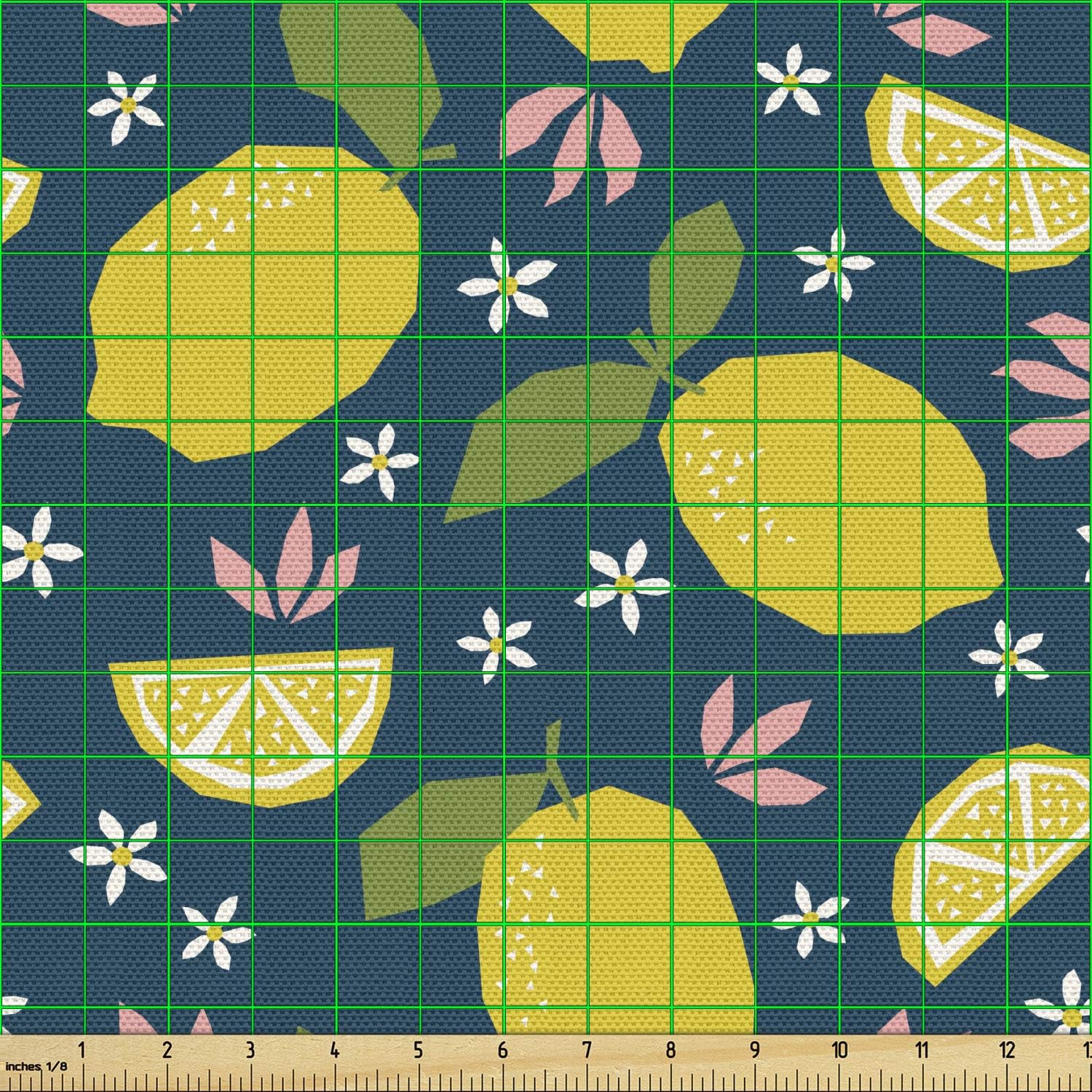 Ambesonne Tela de frutas por The Yard, estampado repetitivo de dibujos animados de limones y flores, tela decorativa para tapicería y detalles del