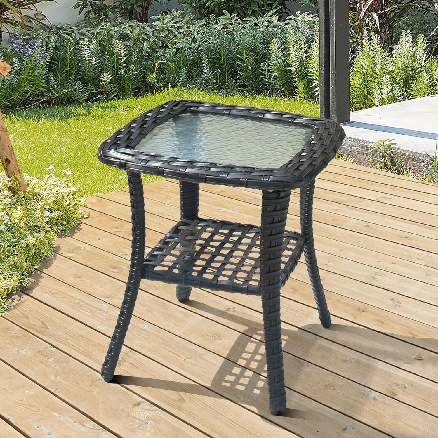 OVIOS Mesa de centro de mimbre de ratán para exteriores con parte superior de cristal, mesa auxiliar para exteriores, balcón, terraza, mimbre marrón