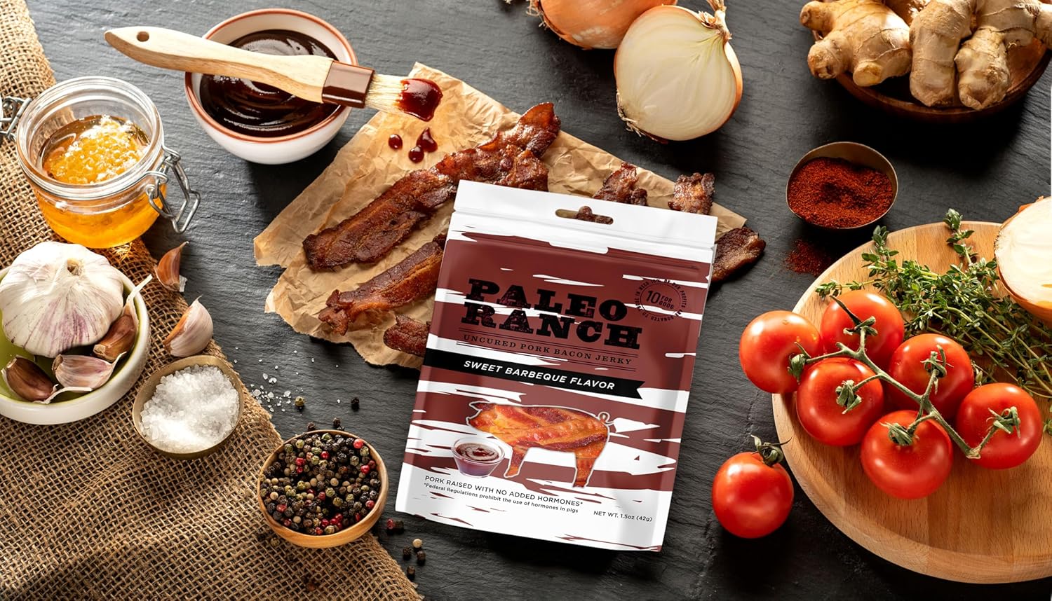 PALEO RANCH Cecina de tocino sin curar, barbacoa dulce, sin hormonas añadidas, sin conservantes, bolsas de 1.5 onzas, (paquete de 8)