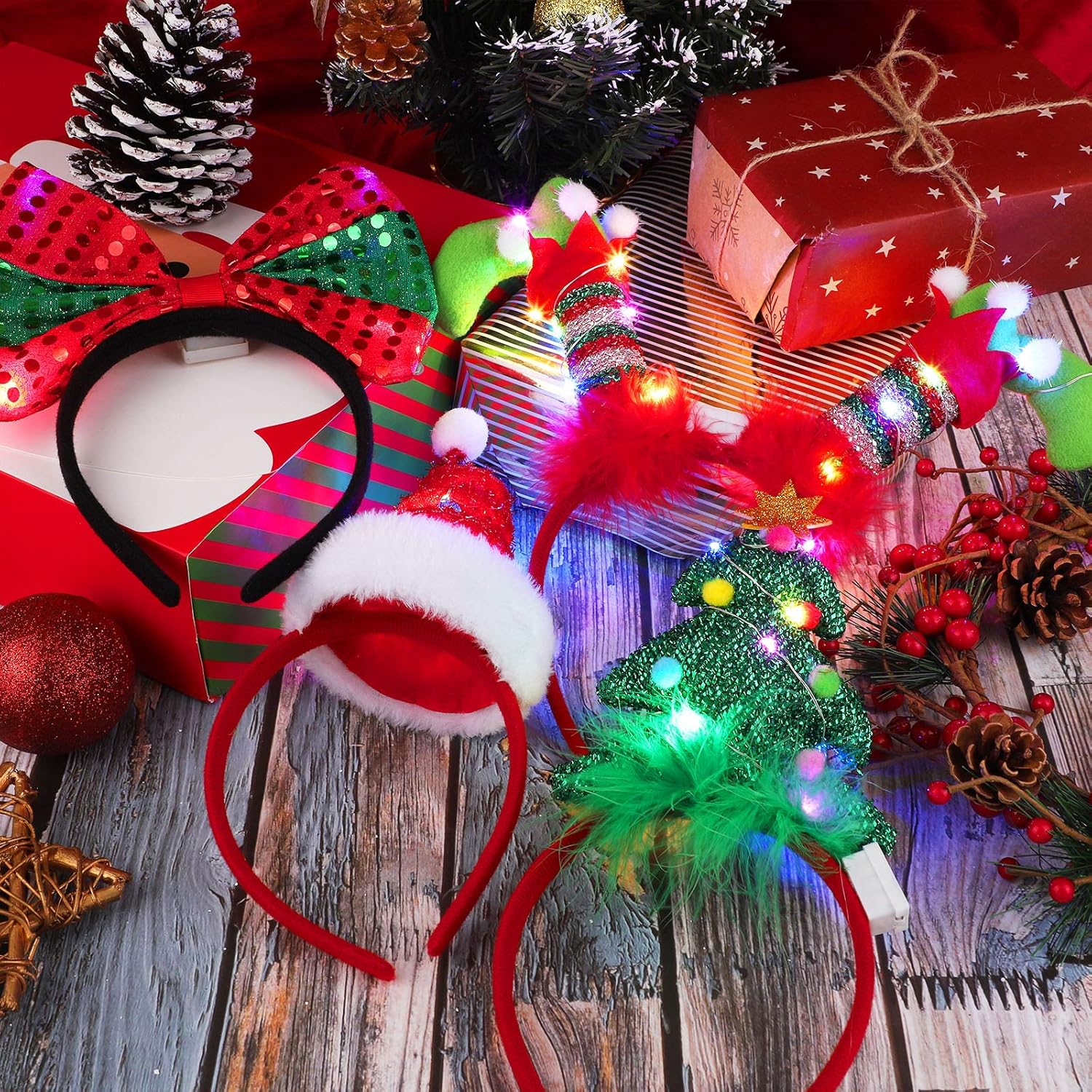 ELCOHO Paquete de 6 diademas LED de Navidad con luz para disfraz de reno, lazo de Navidad, disfraz de elfo, bandas para el pelo para fiestas de
