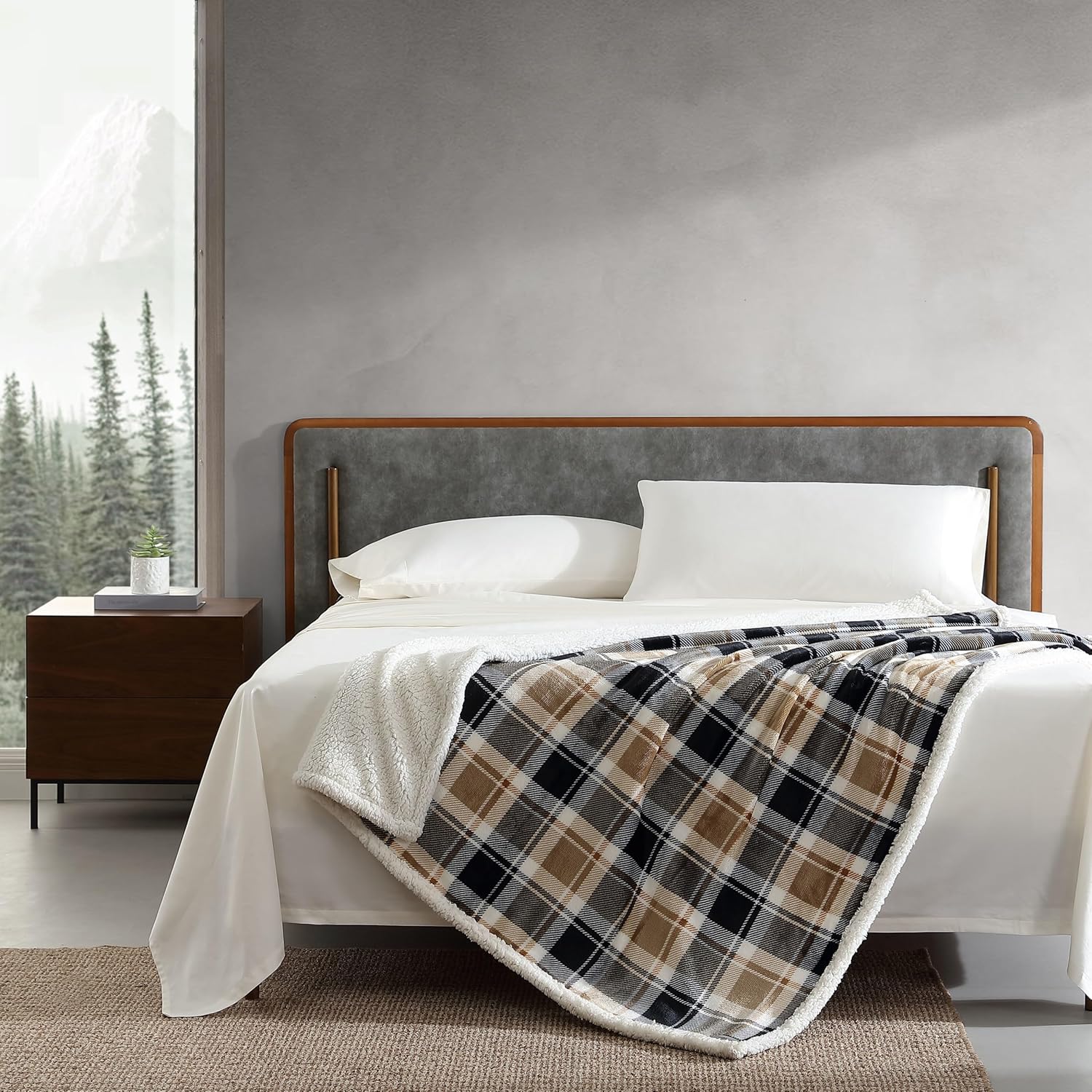 Eddie Bauer Manta reversible de vellón sherpa, ropa de cama y decoración del hogar, para todas las estaciones, (Rugged Plaid Beige), beige a cuadros