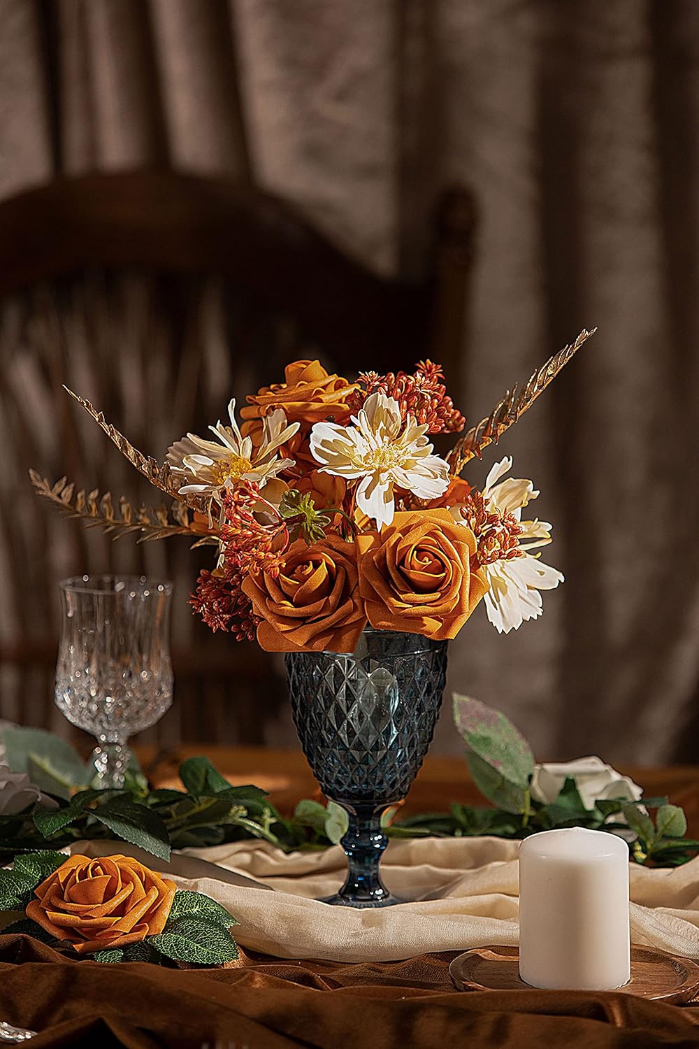 TINGE TIME Flores de naranja quemado, flores falsas para decoración de rosas con tallo, 25 flores artificiales de rosas para ramos de boda, centros