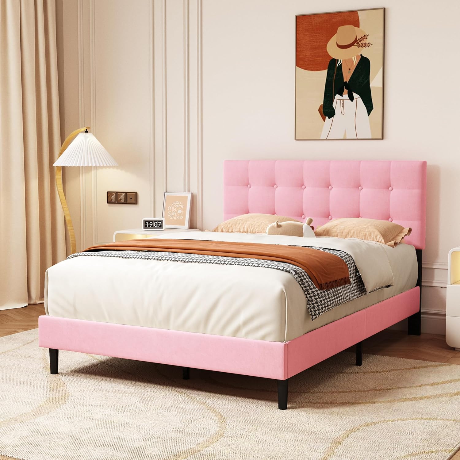 alazyhome Base de cama tapizada de tamaño matrimonial con cabecero de terciopelo capitoné con botones, soporte de listones de madera, fácil montaje,