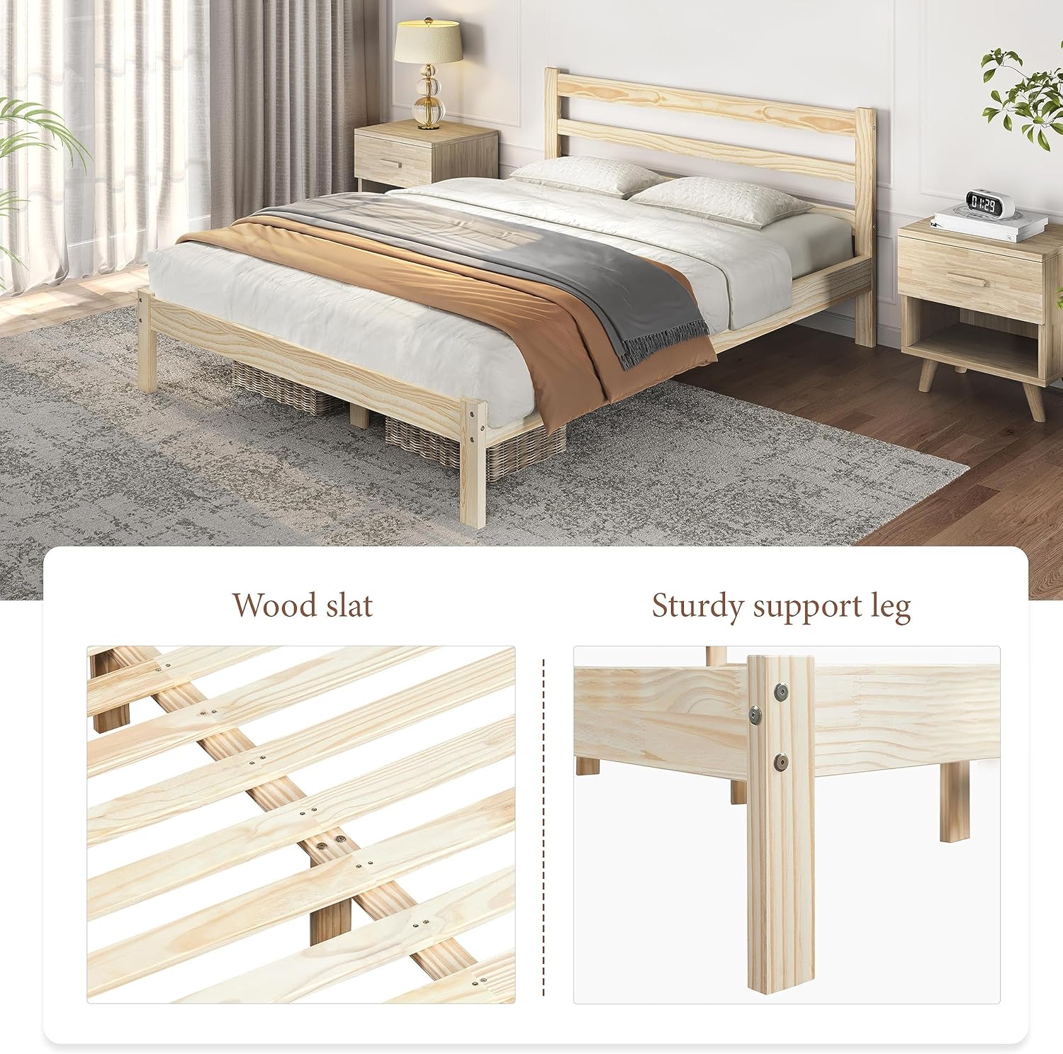 Yaheetech Base de cama Queen con plataforma de madera de pino maciza con cabecera con paneles, estilo Wicklow, soporte de listones de madera, sin