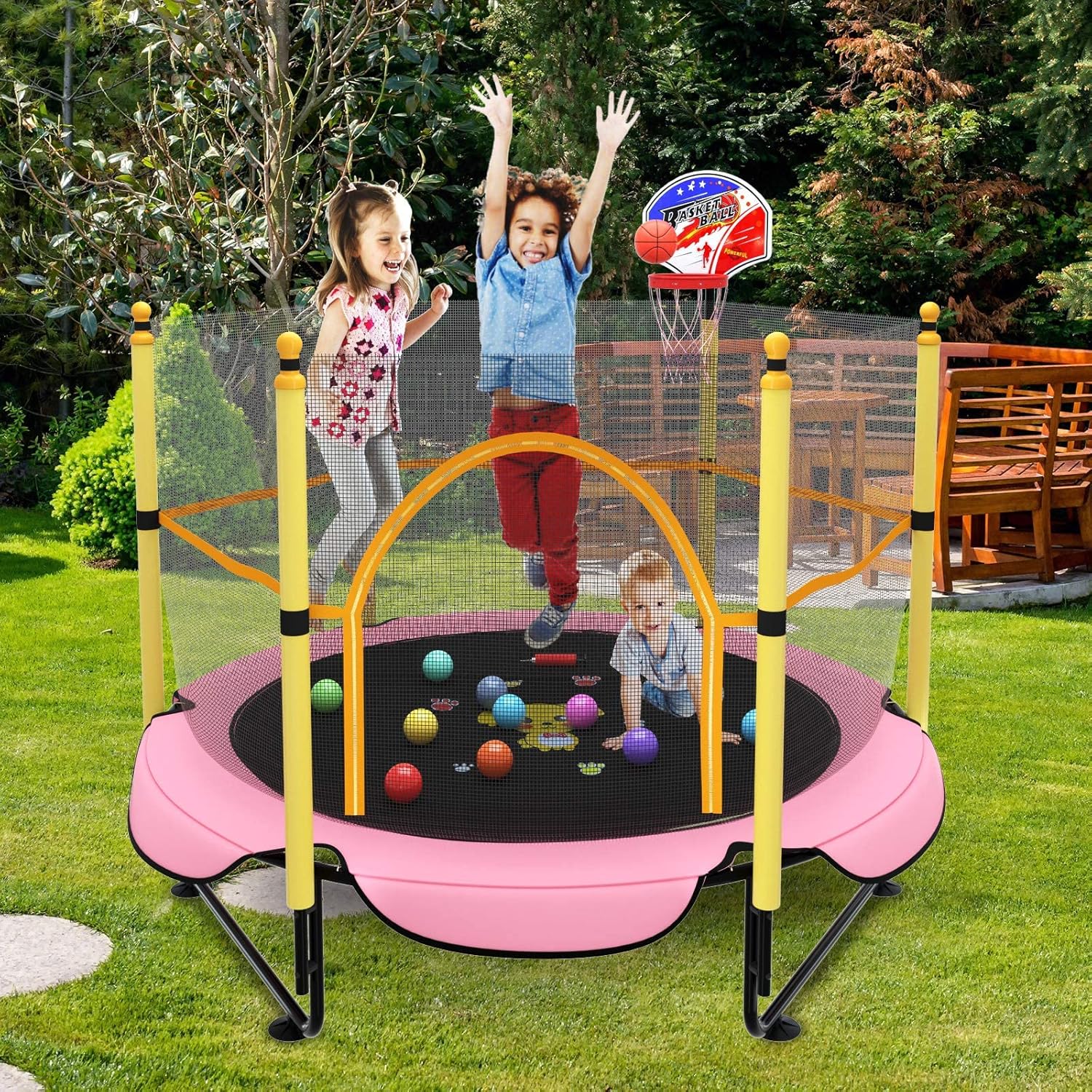 Kawuneeche Trampolín de 5 pies para niños pequeños con red de seguridad, mini aro de baloncesto, tapete de salto para equipo de entretenimiento en