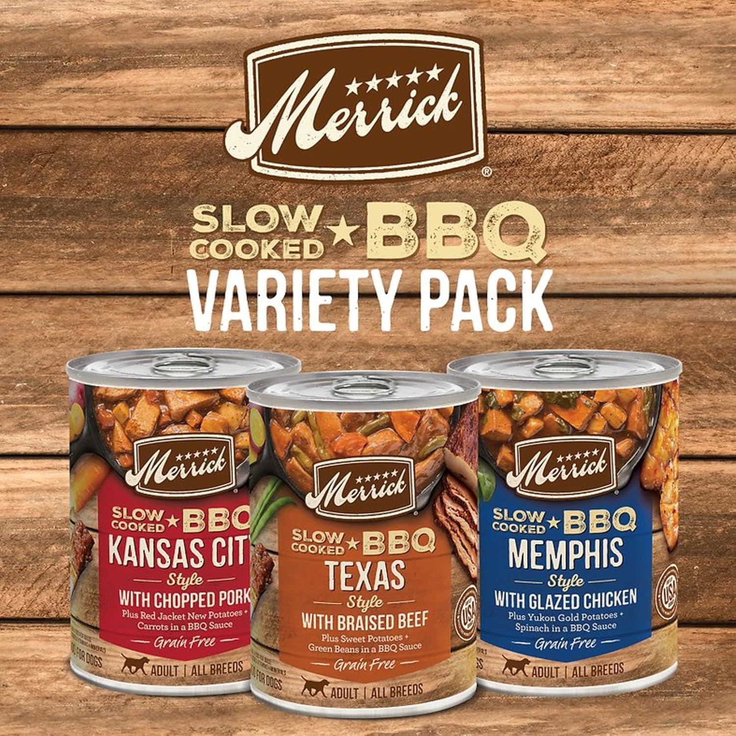 Merrick Chunky – Comida húmeda enlatada para perros, sin cereales, barbacoa en trozos, 12.70 onzas (caja de 12)