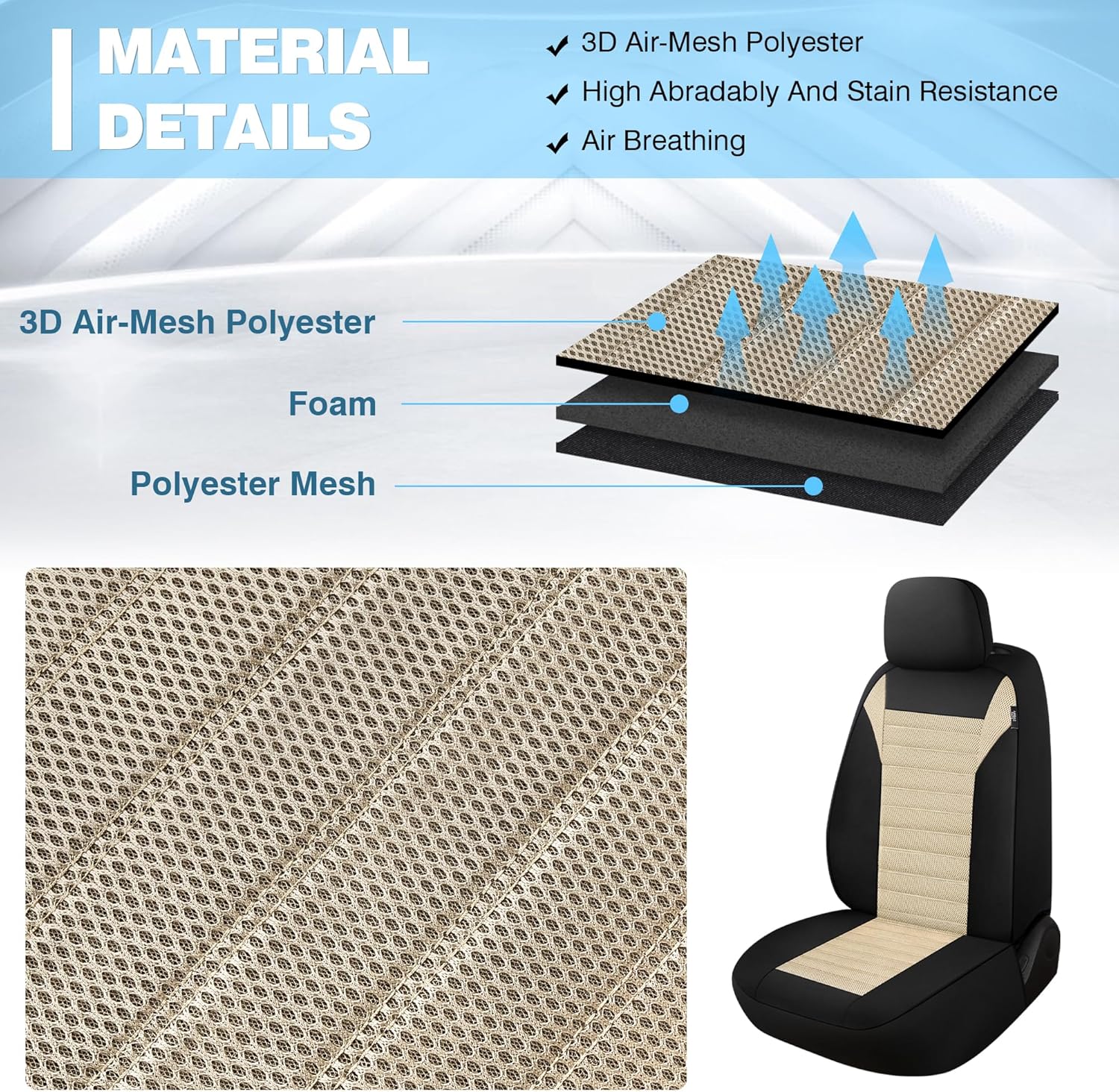 Juego completo de fundas de asiento de automóvil, malla de aire 3D, fundas de asiento de banco dividido delanteras y traseras de tela transpirable