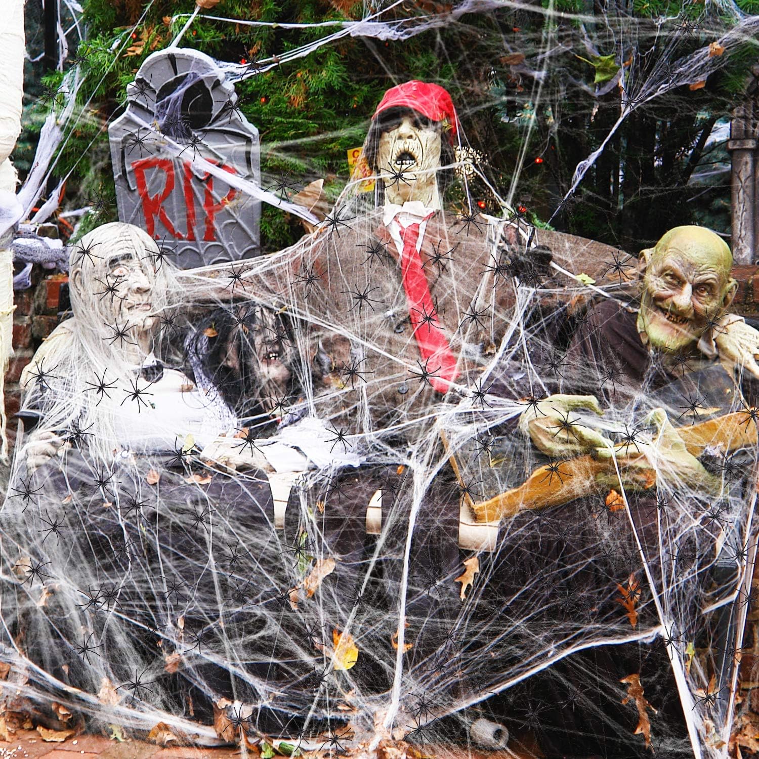 Decoraciones de telaraña de Halloween de 1000 pies cuadrados con 100 arañas falsas, telarañas súper elásticas, decoración de telarañas embrujadas,