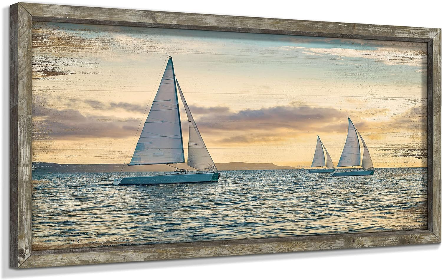 Arte de pared de madera enmarcada en la costa pintura del océano, barcos de vela, decoración de puesta de sol, paisaje marino, impresiones para