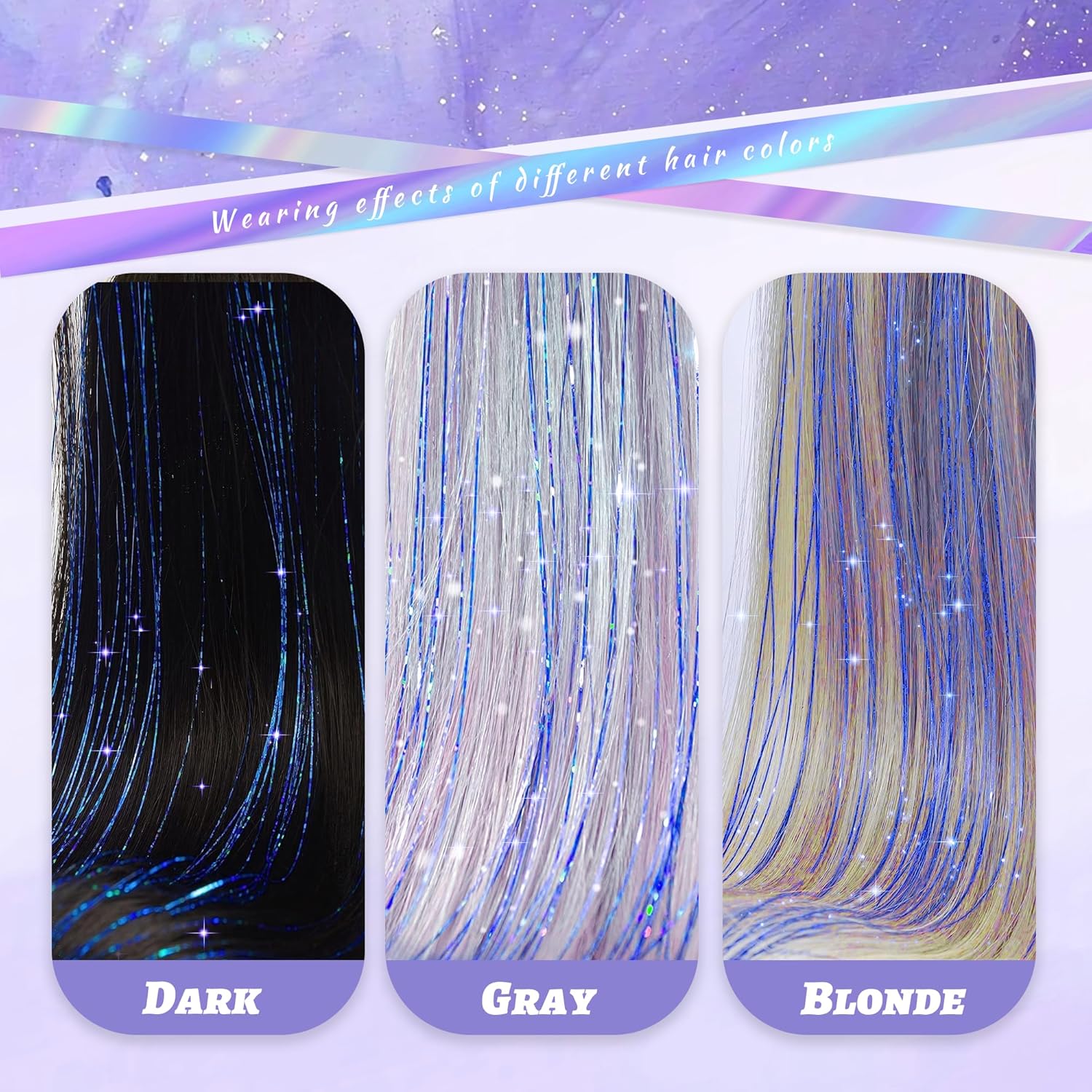 Kit de oropel con clip, 6 extensiones de cabello de oropel con clip, resistentes al calor, con purpurina, accesorios para el cabello brillantes para