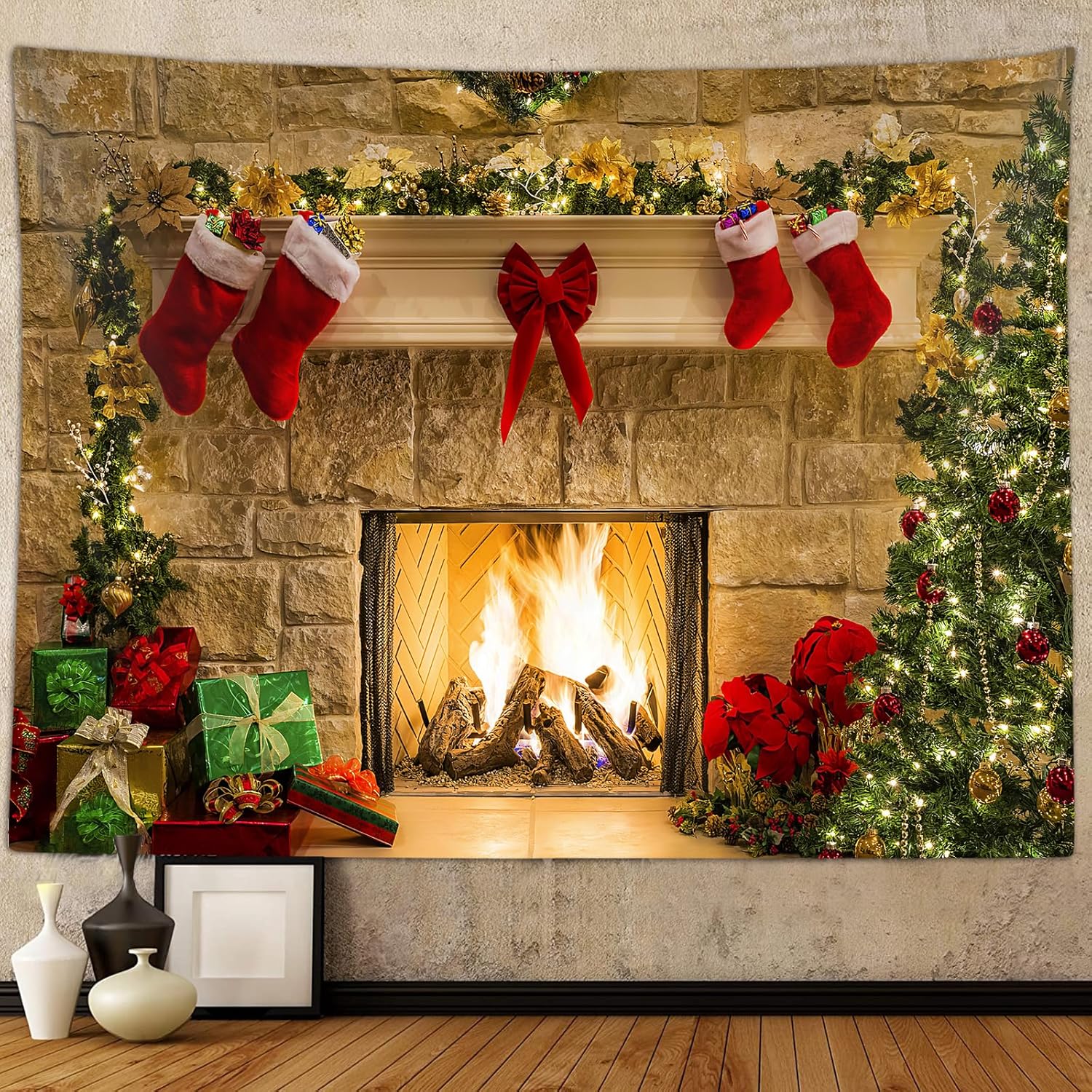 Telón de fondo de tapiz de Navidad, árbol de Navidad, chimenea, chimenea, Papá Noel, tapices artísticos para colgar en la pared para sala de estar,