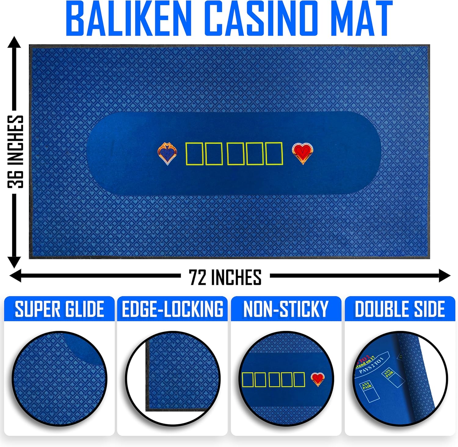 BALIKEN Alfombrilla de póquer Texas Holdem de 36 x 72 pulgadas y mesa de blackjack de fieltro de grado profesional (azul)