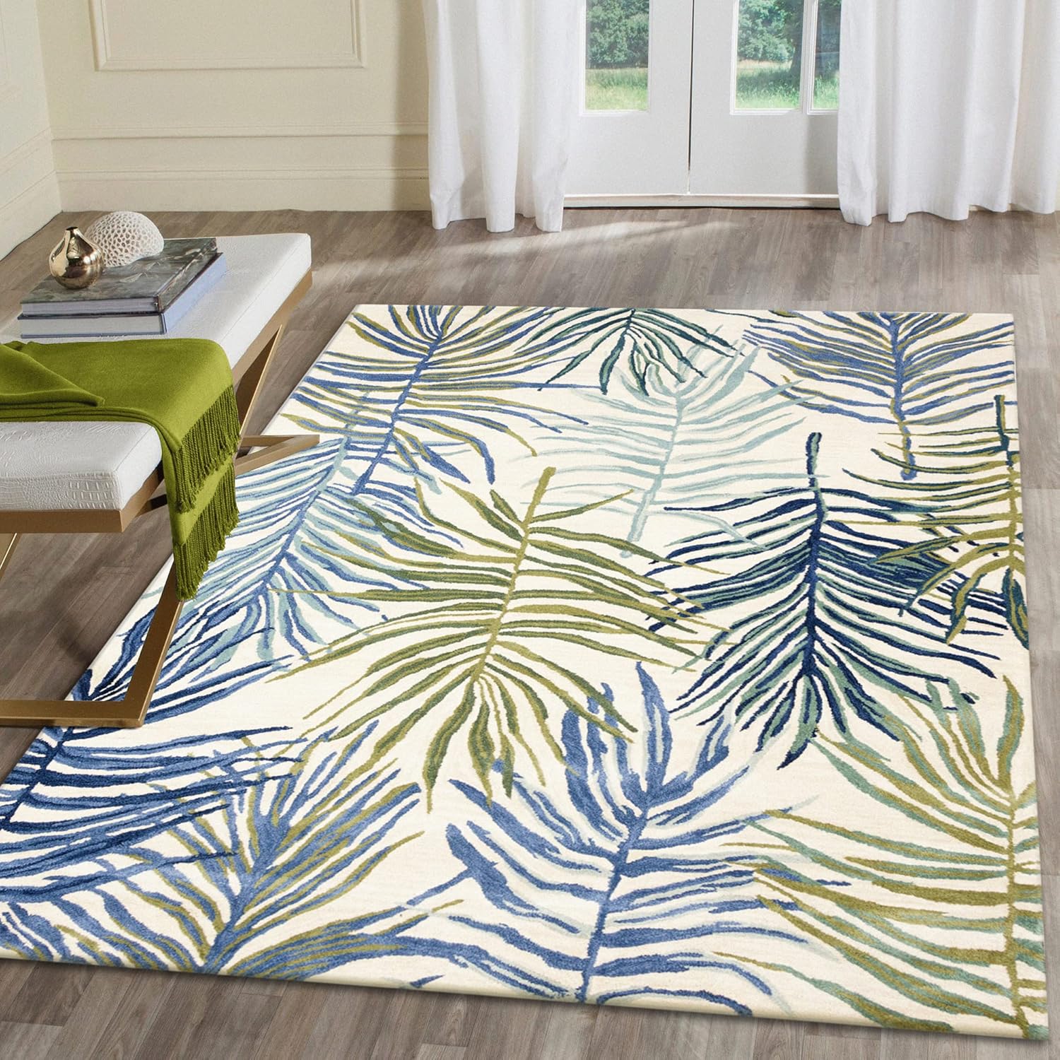 Liora Manne Tivoli – Alfombra de felpa de lana hecha a mano para interiores, diseño gráfico contemporáneo botánico floral (La Palma crema) (7 pies 6