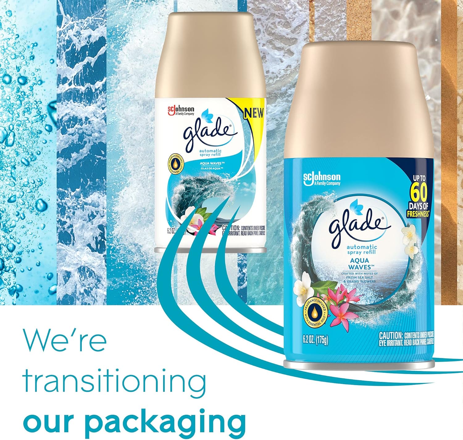 Glade Kit automático de repuesto y soporte de aerosol, ambientador para el hogar y el baño, Aqua Waves, 6.2 onzas