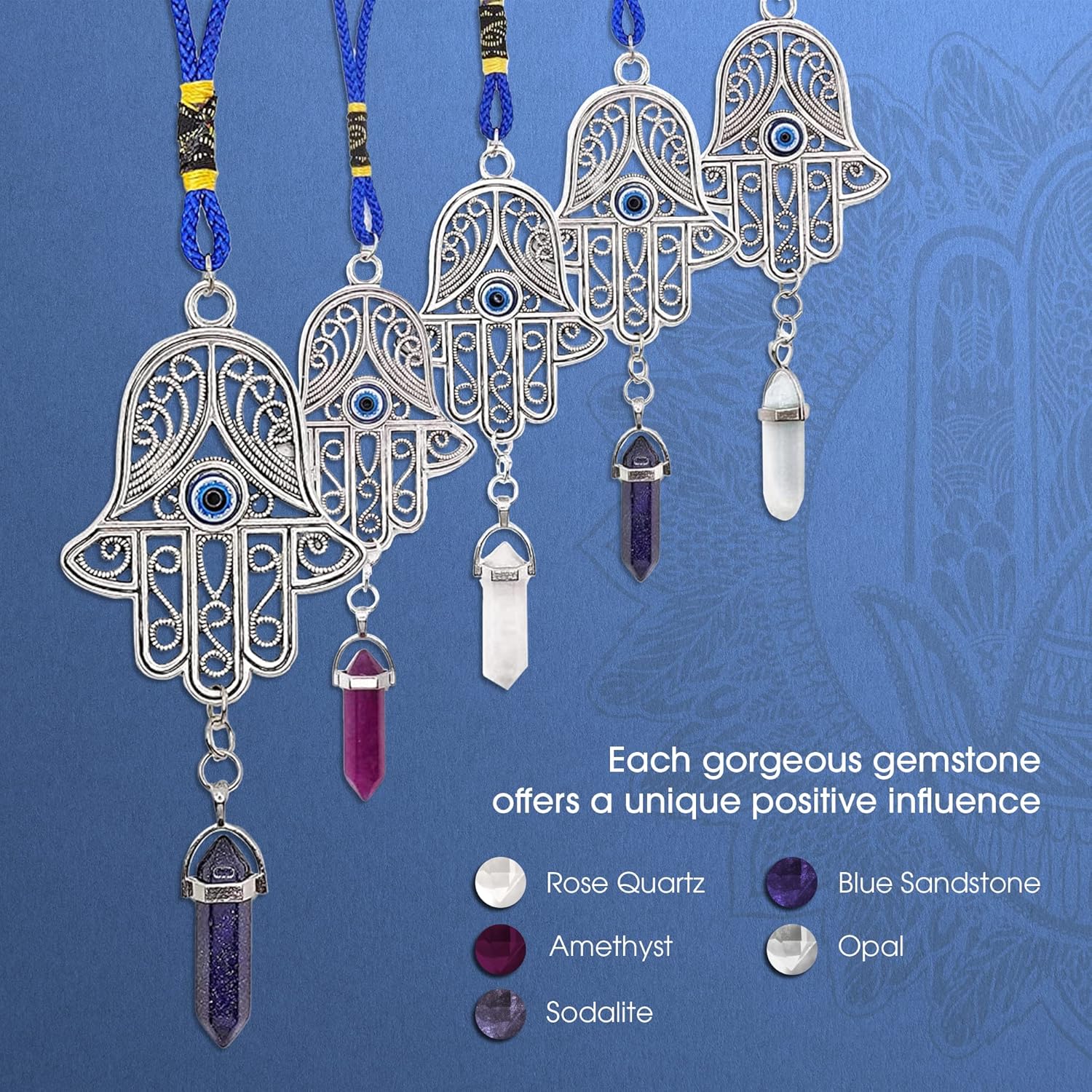 Silver Ornate Hamsa Hand Jeweled Keychain – Evil Eye Protection, Hanging Gemstone – Good Luck Charms 1.8″x9″