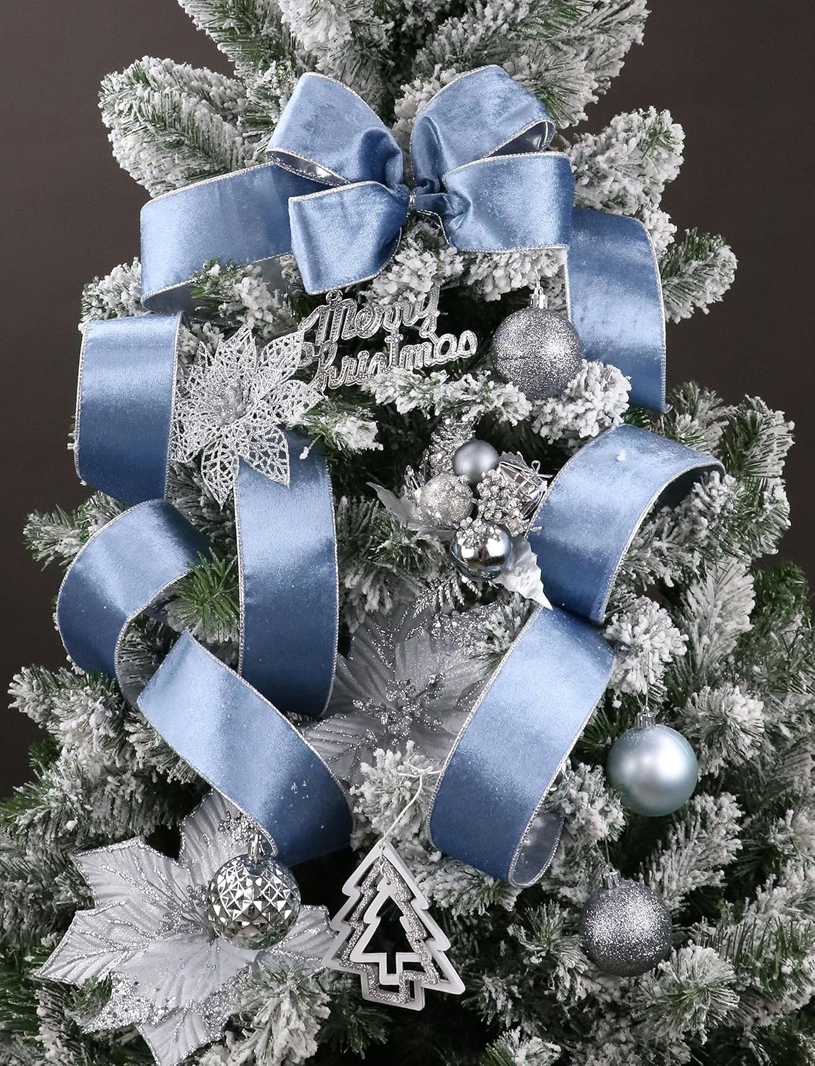 Cinta de terciopelo azul polvoriento con alambre de 2.5 pulgadas x 10 yardas, cinta azul de Navidad con alambre con parte trasera metálica plateada