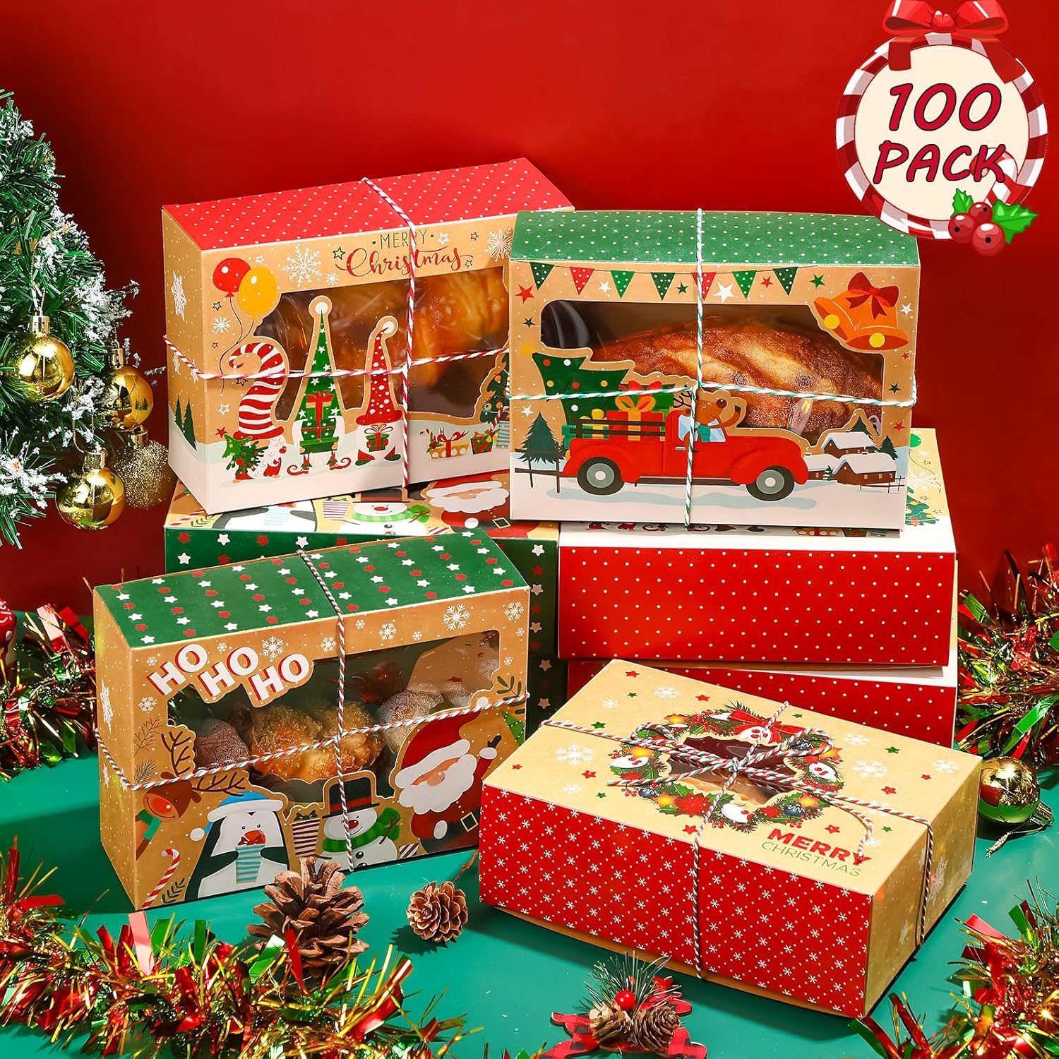Outus 100 cajas de galletas de Navidad con ventana transparente, 4 estilos de contenedores de galletas de Navidad y 6 rollos de cordeles, cajas de