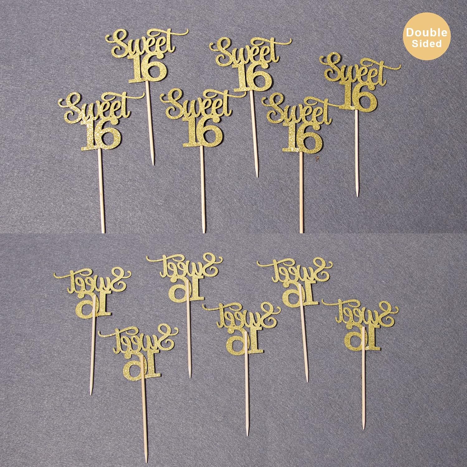 24 adornos dorados de doble cara con purpurina para cupcakes, 16 palillos para cupcakes, suministros de decoración de pasteles de fiesta de